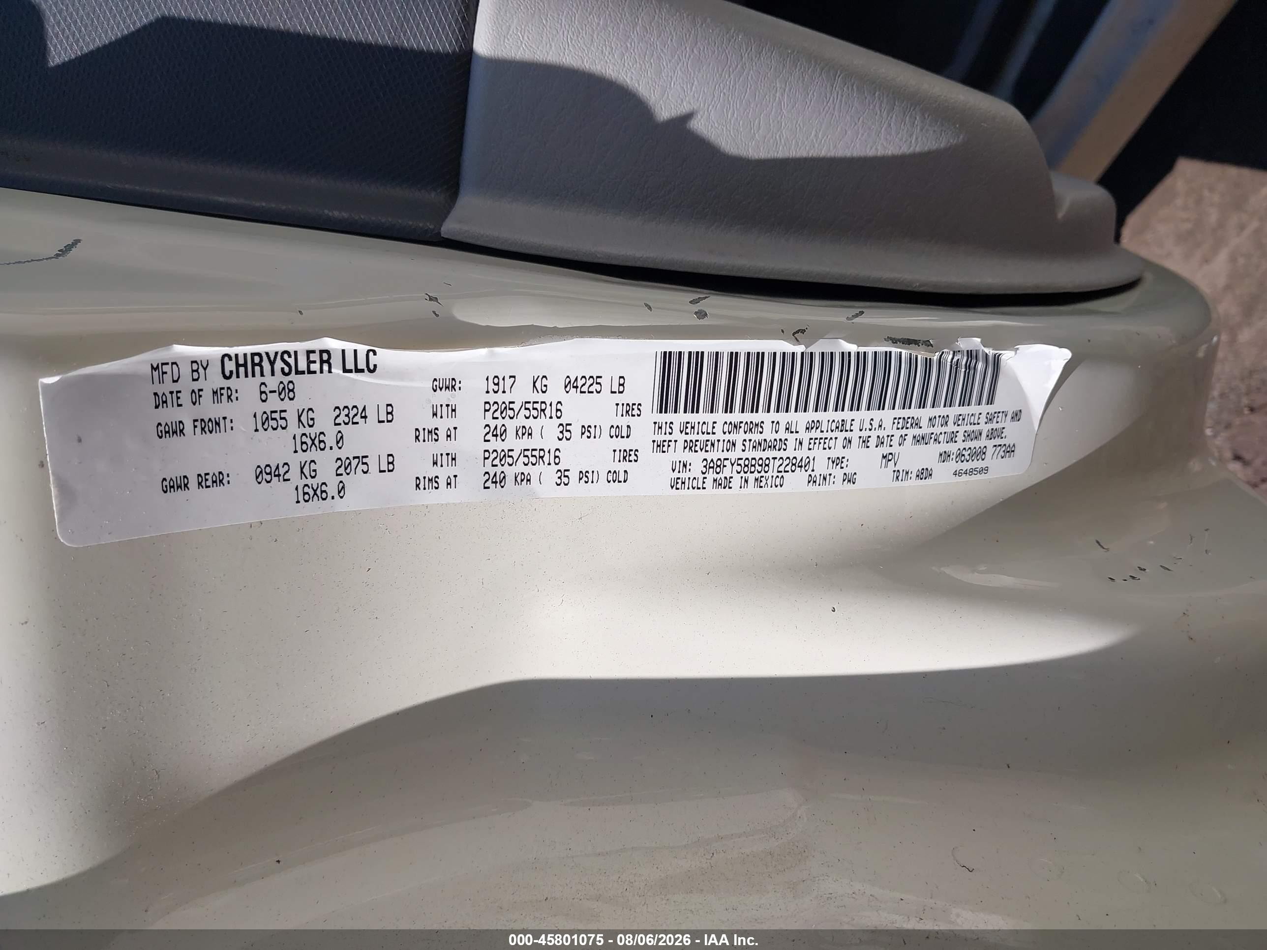 2008 Chrysler Pt Cruiser Touring White vin: 3A8FY58B98T228401