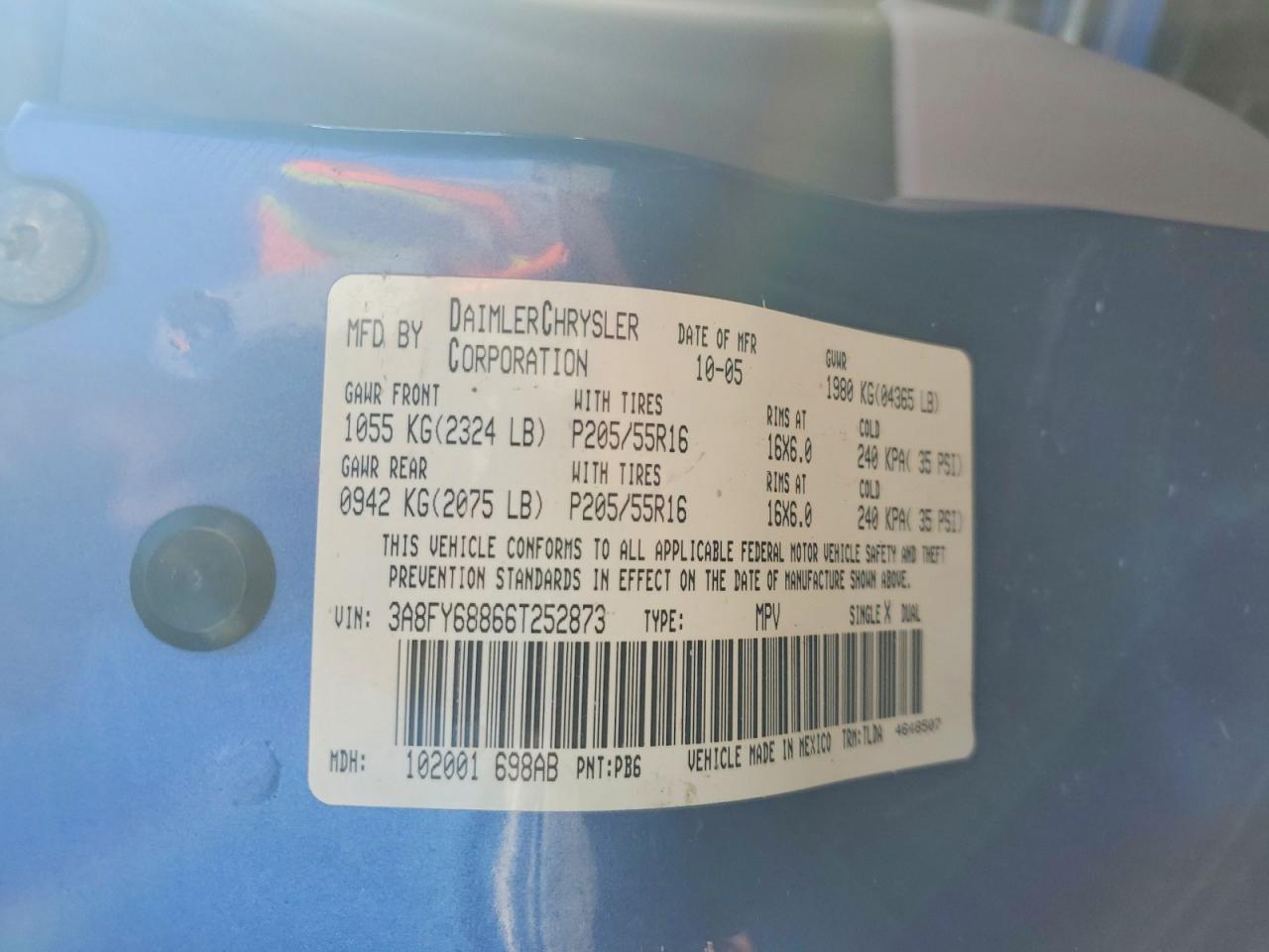 2006 Chrysler Pt Cruiser Limited Blue vin: 3A8FY68866T252873