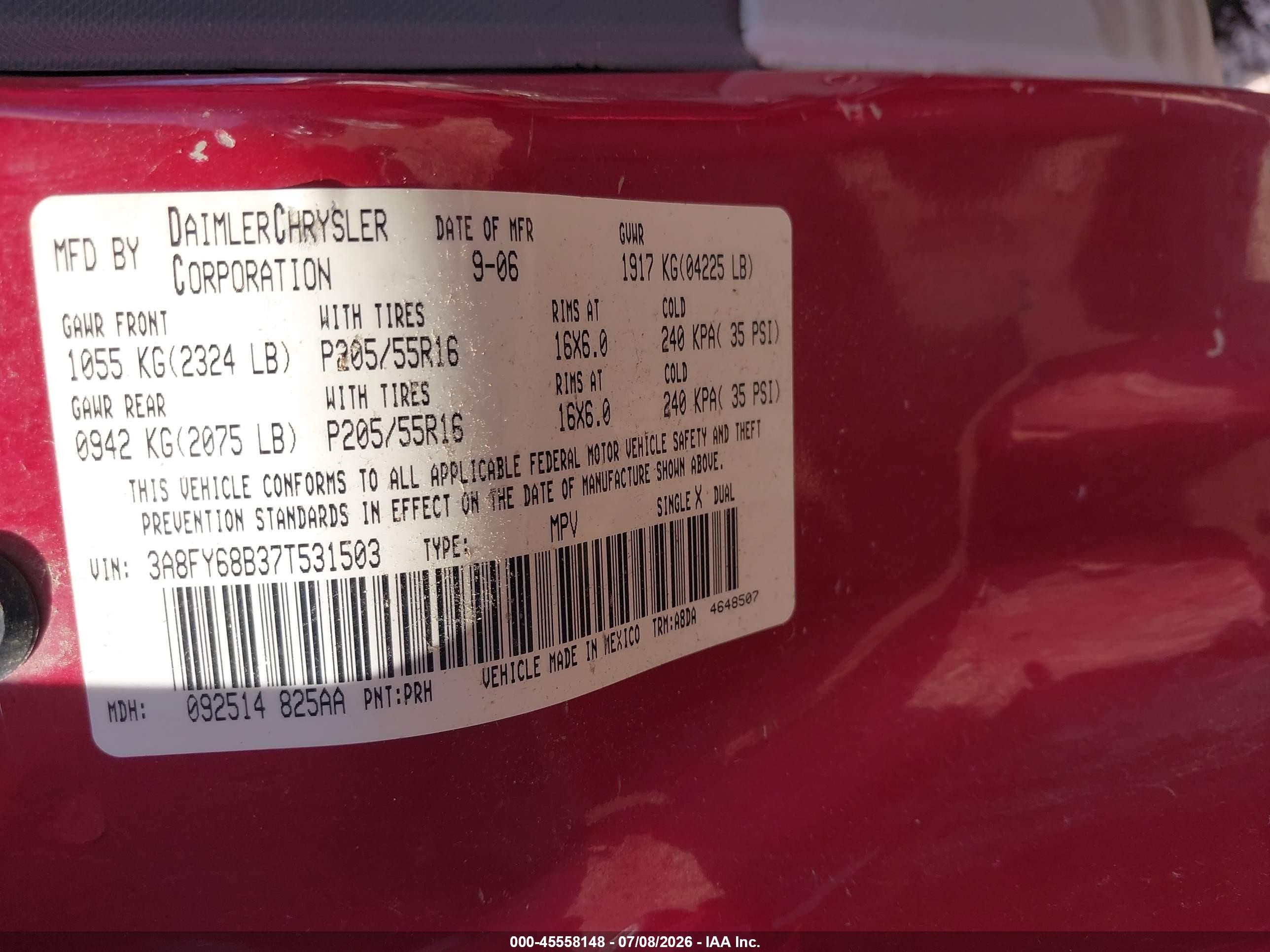 2007 Chrysler Pt Cruiser Limited Red vin: 3A8FY68B37T531503