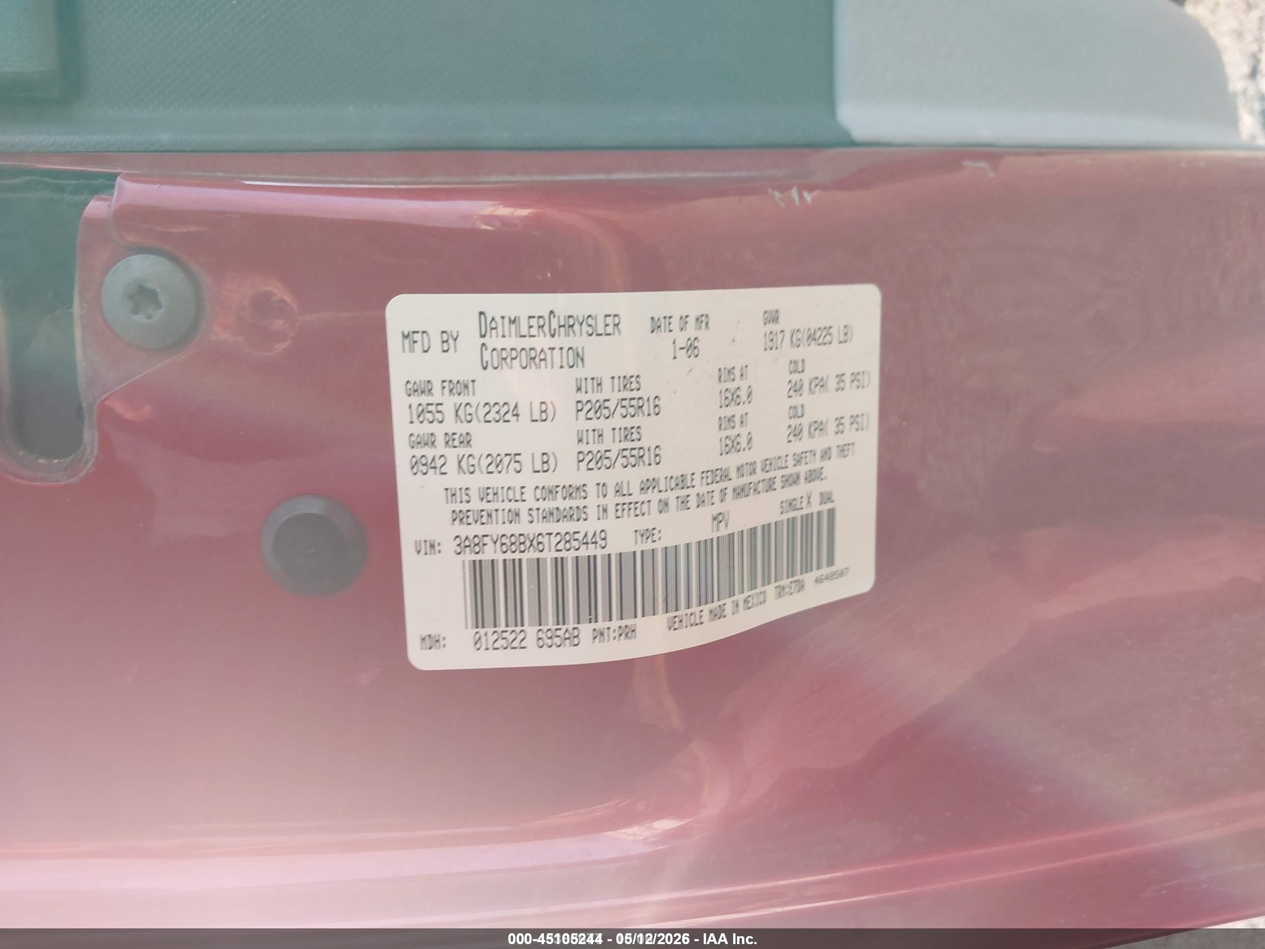 2006 Chrysler Pt Cruiser Limited Red vin: 3A8FY68BX6T285449