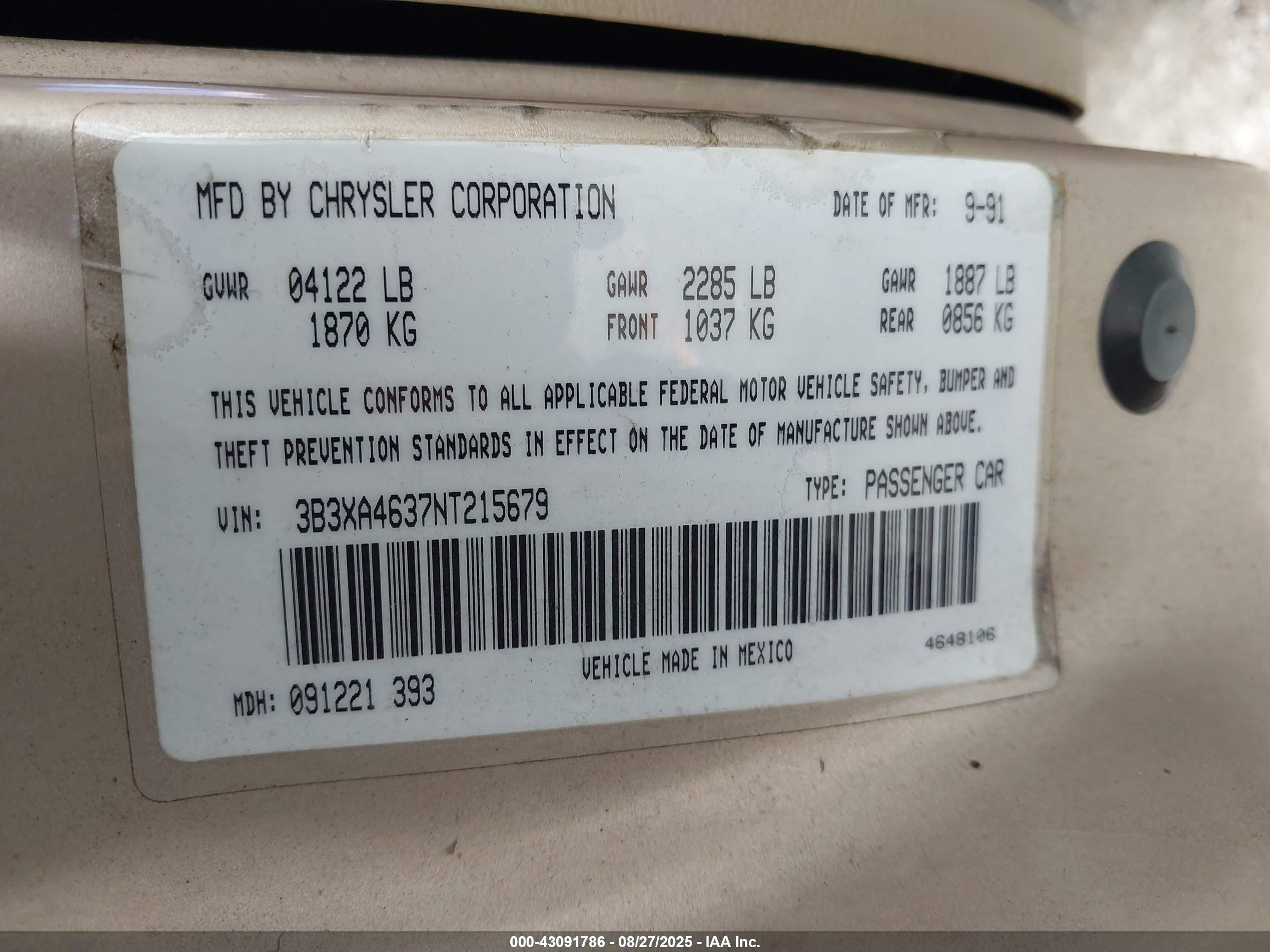 1992 Dodge Spirit   Gold vin: 3B3XA4637NT215679