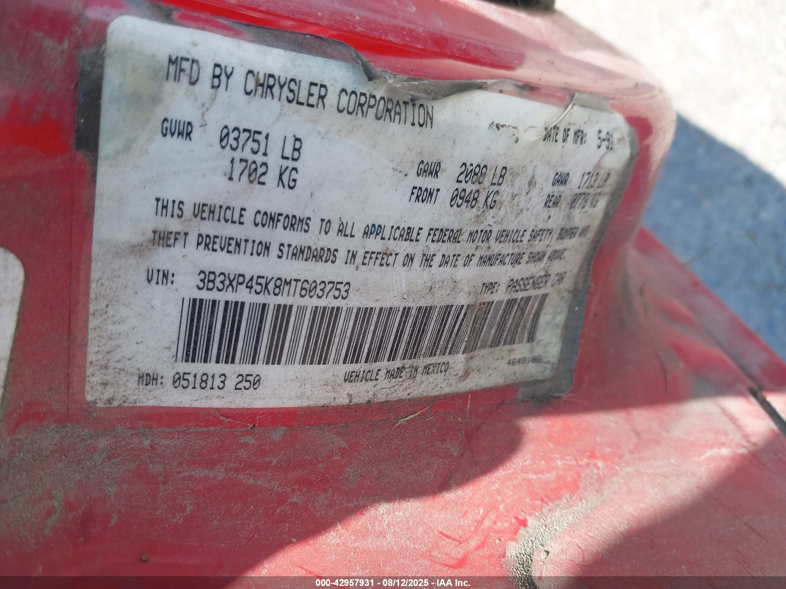 1991 Dodge Shadow   Red vin: 3B3XP45K8MT603753