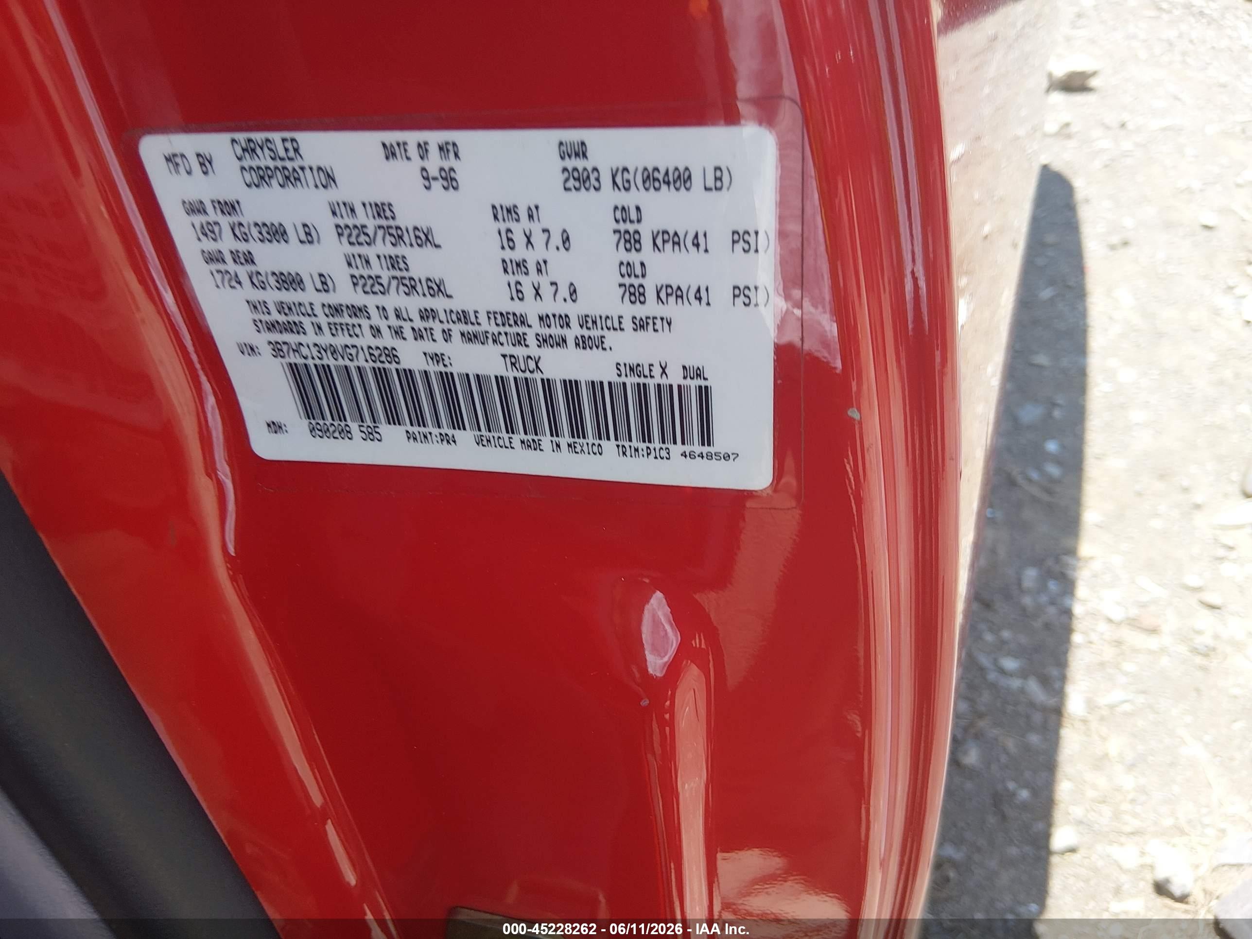 1997 Dodge Ram 1500 St Red vin: 3B7HC13Y0VG716286