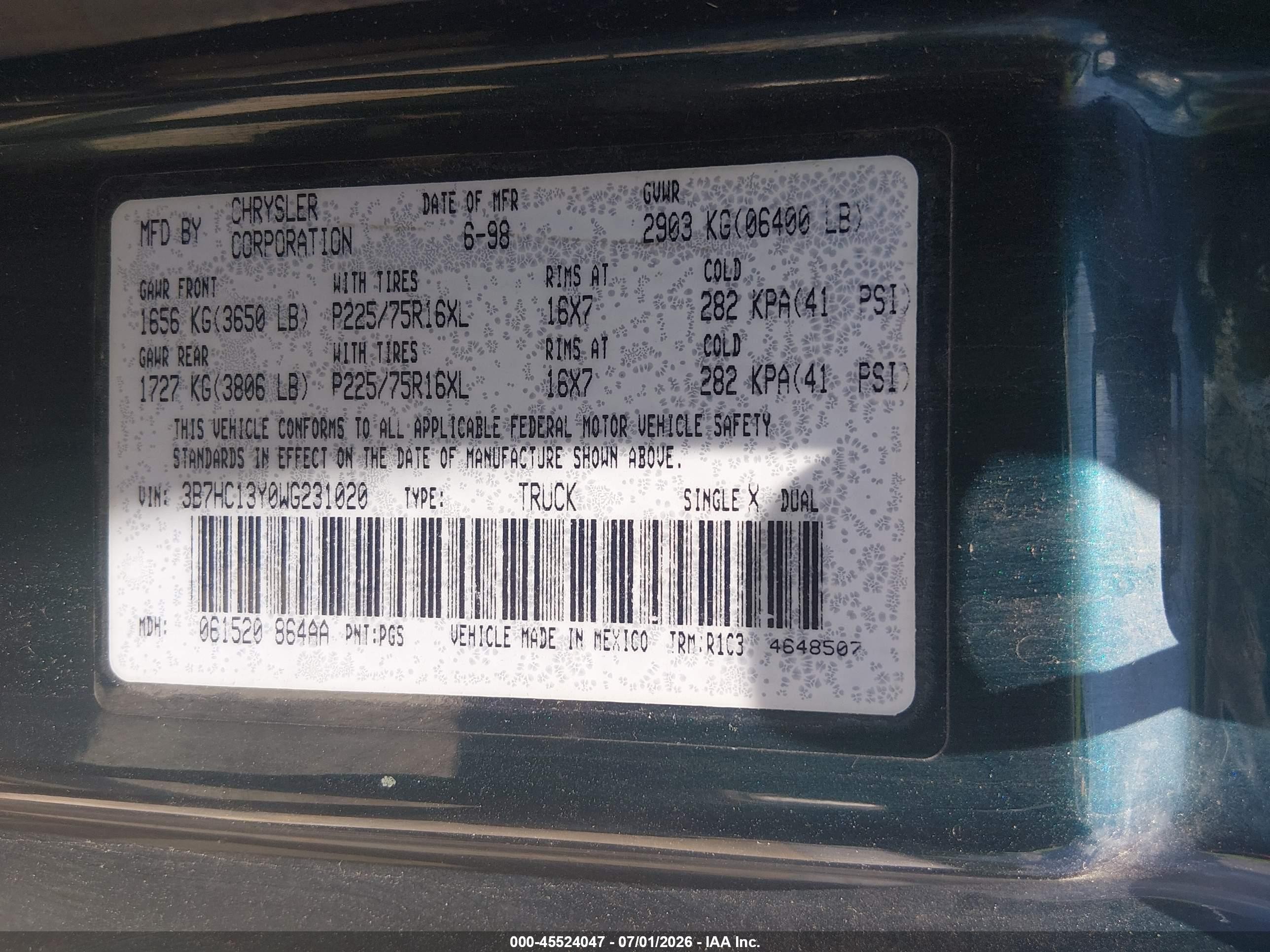 1998 Dodge Ram 1500 St Green vin: 3B7HC13Y0WG231020