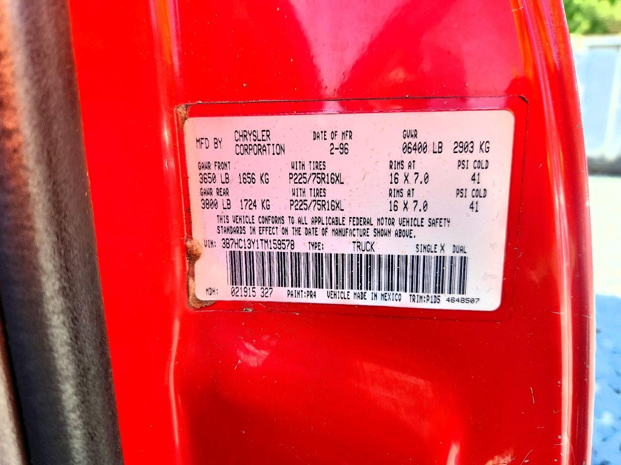 1996 Dodge Ram 1500 Red vin: 3B7HC13Y1TM159578