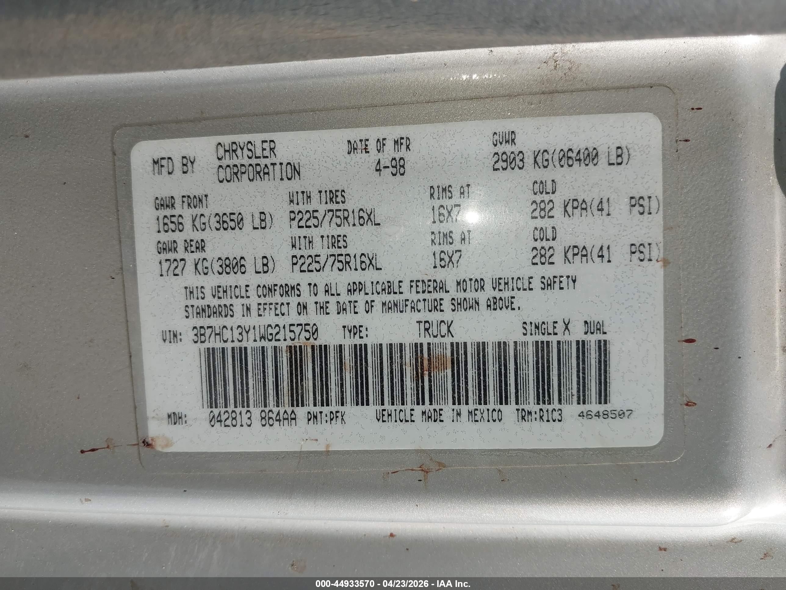 1998 Dodge Ram 1500 St Серебряный vin: 3B7HC13Y1WG215750