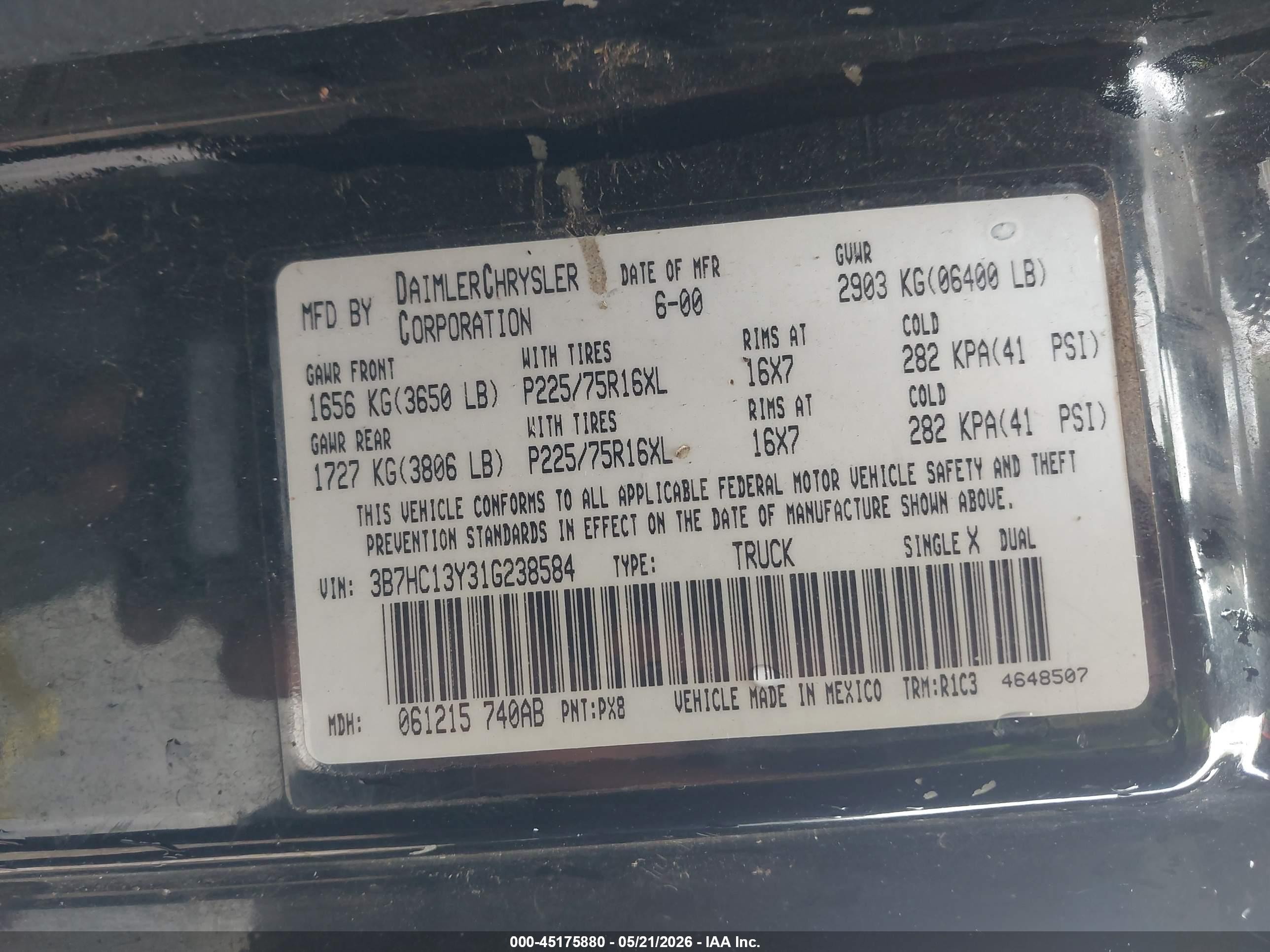 2001 Dodge Ram 1500 St Black vin: 3B7HC13Y31G238584