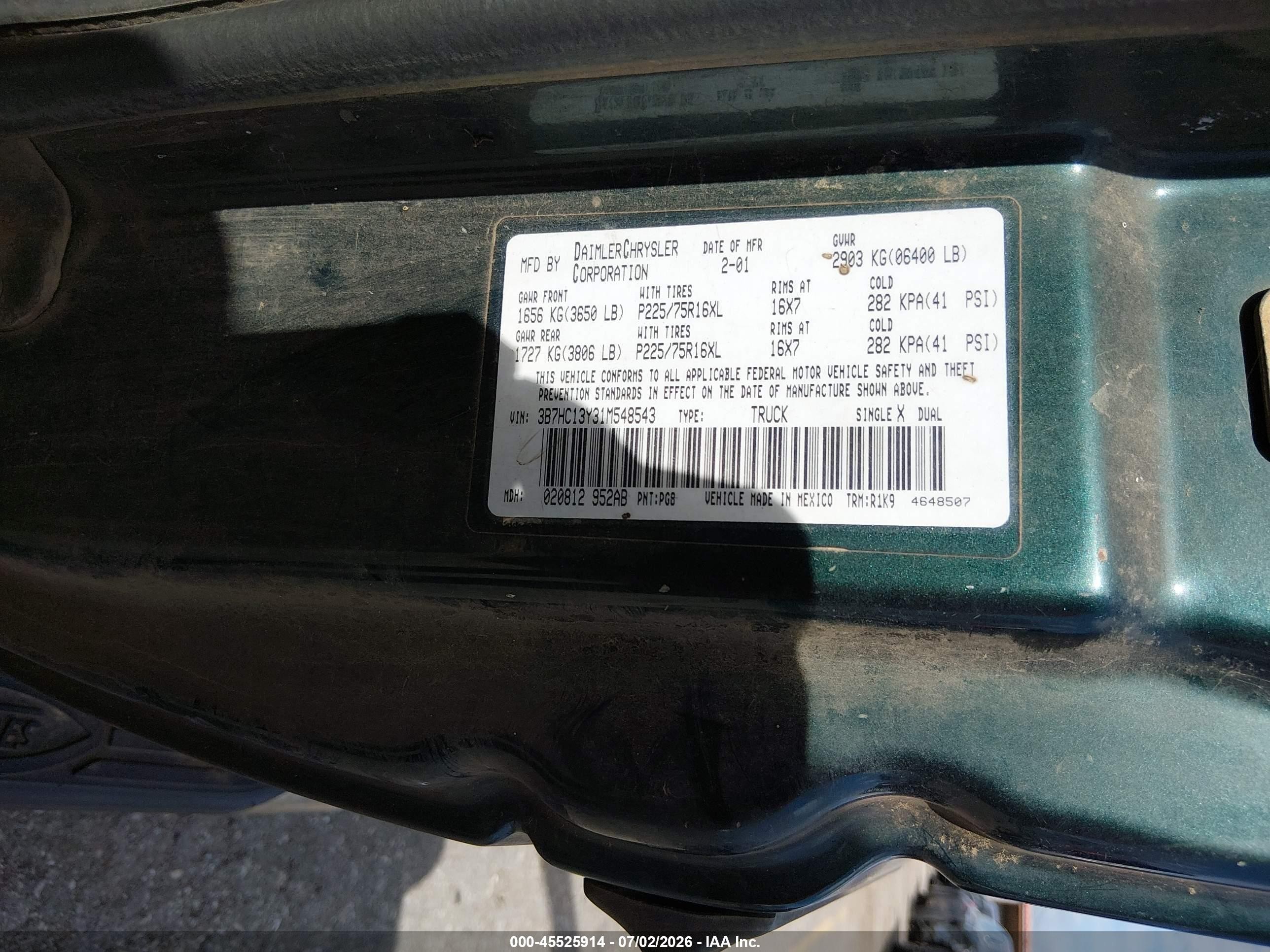 2001 Dodge Ram 1500 St Green vin: 3B7HC13Y31M548543