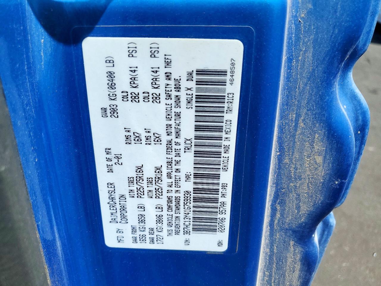 2001 Dodge Ram 1500 Blue vin: 3B7HC13Y41G759930
