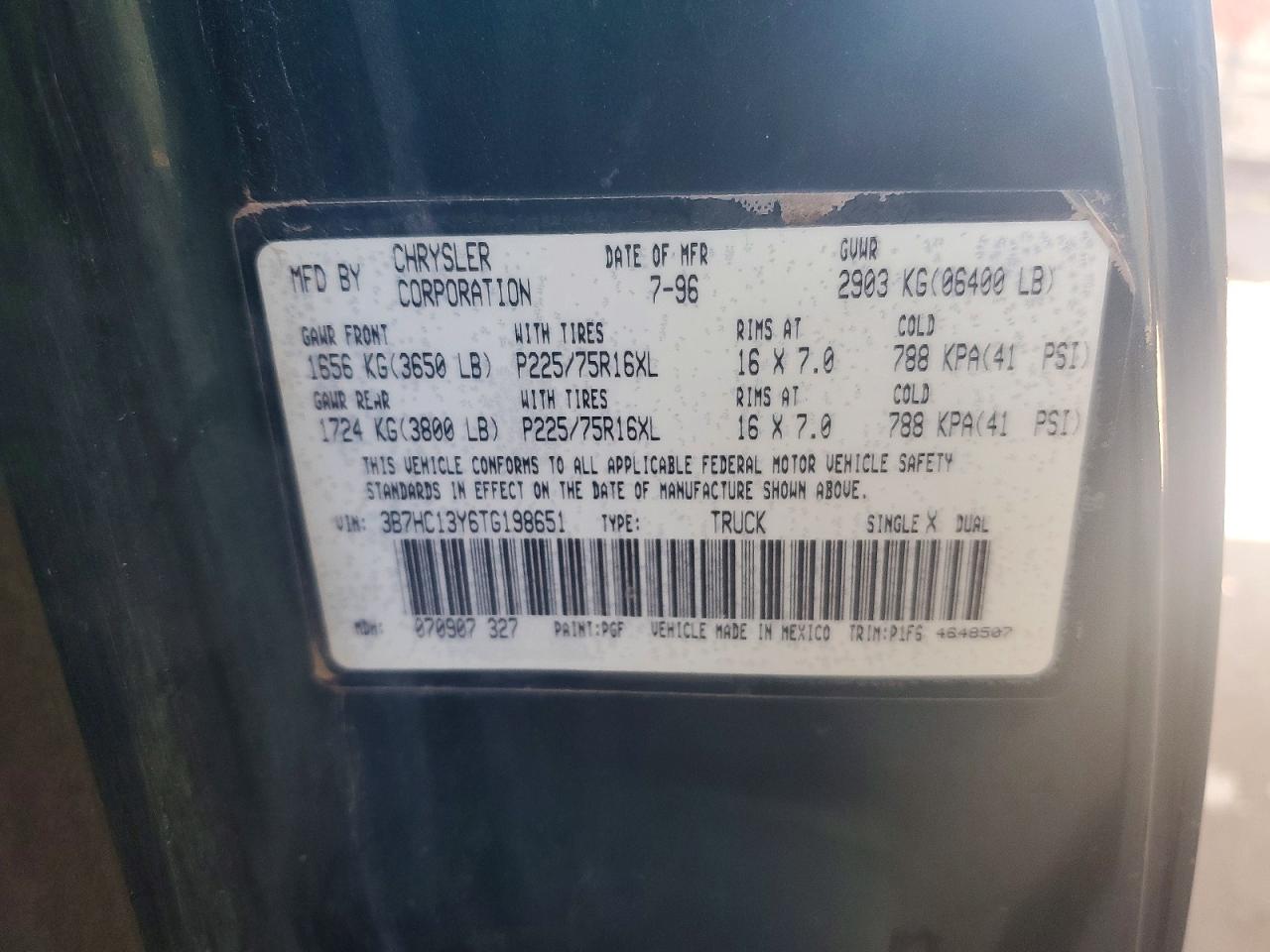 1996 Dodge Ram 1500 Green vin: 3B7HC13Y6TG198651