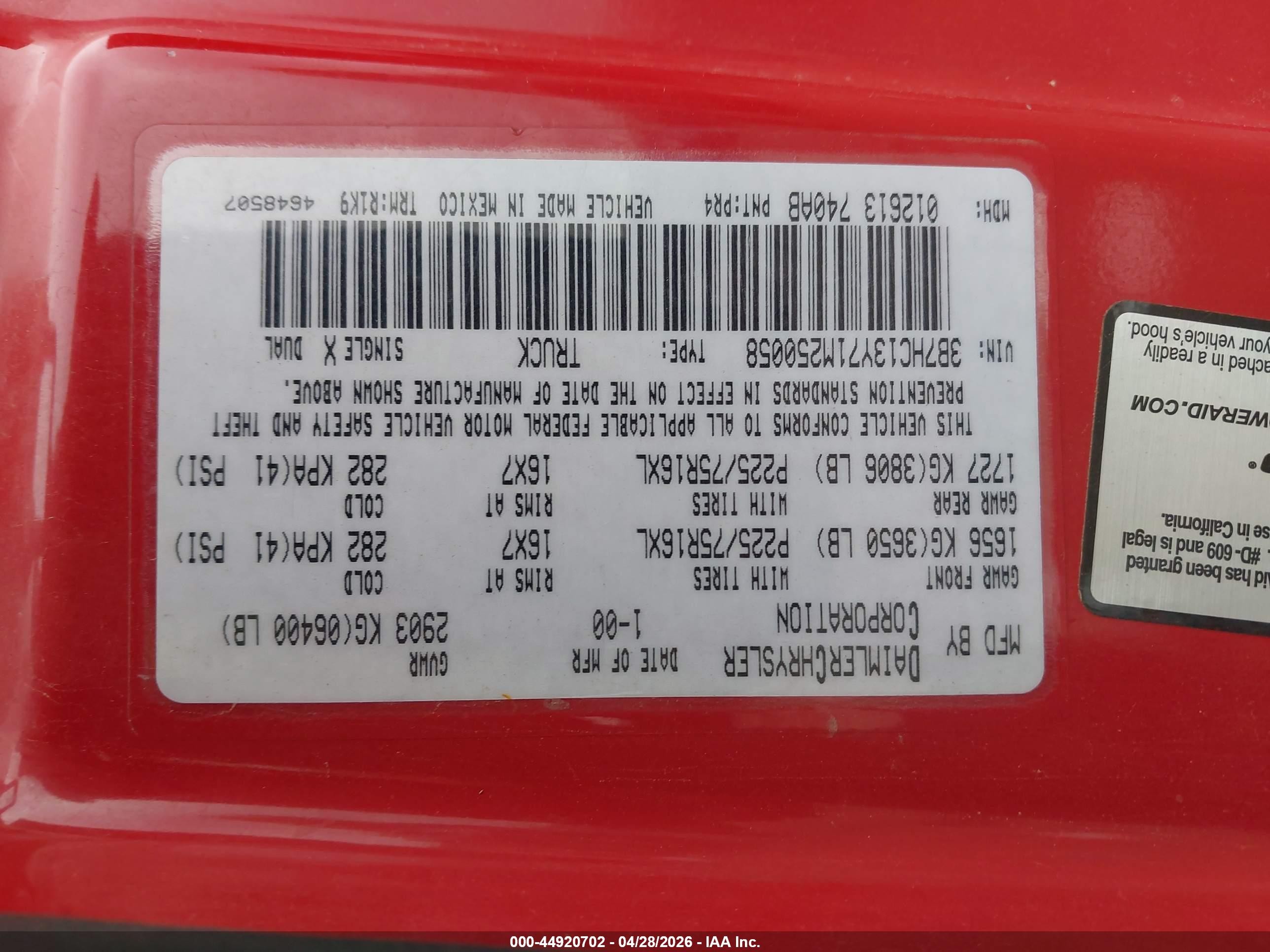 2001 Dodge Ram 1500 St Red vin: 3B7HC13Y71M250058