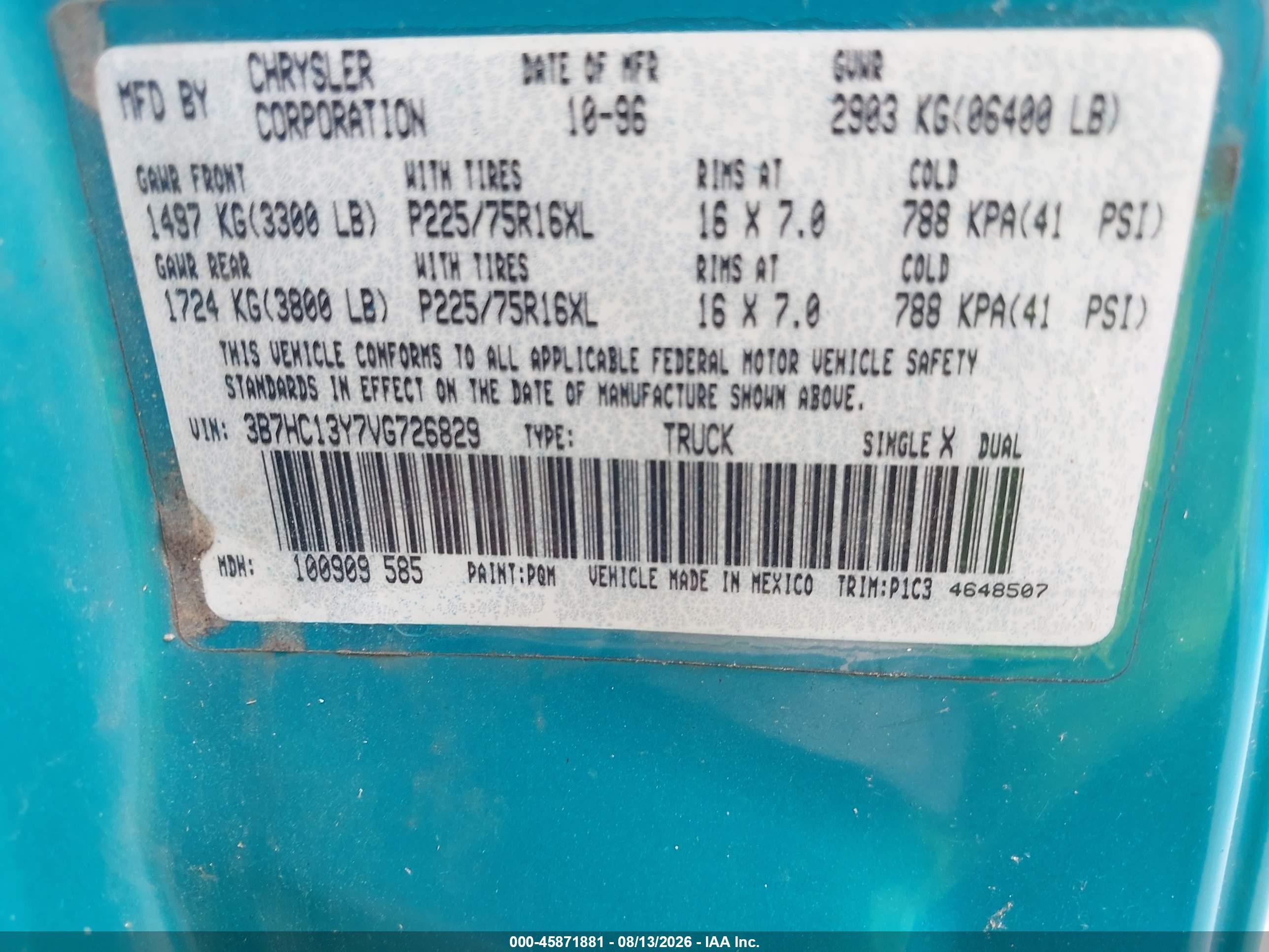 1997 Dodge Ram 1500 St Teal vin: 3B7HC13Y7VG726829