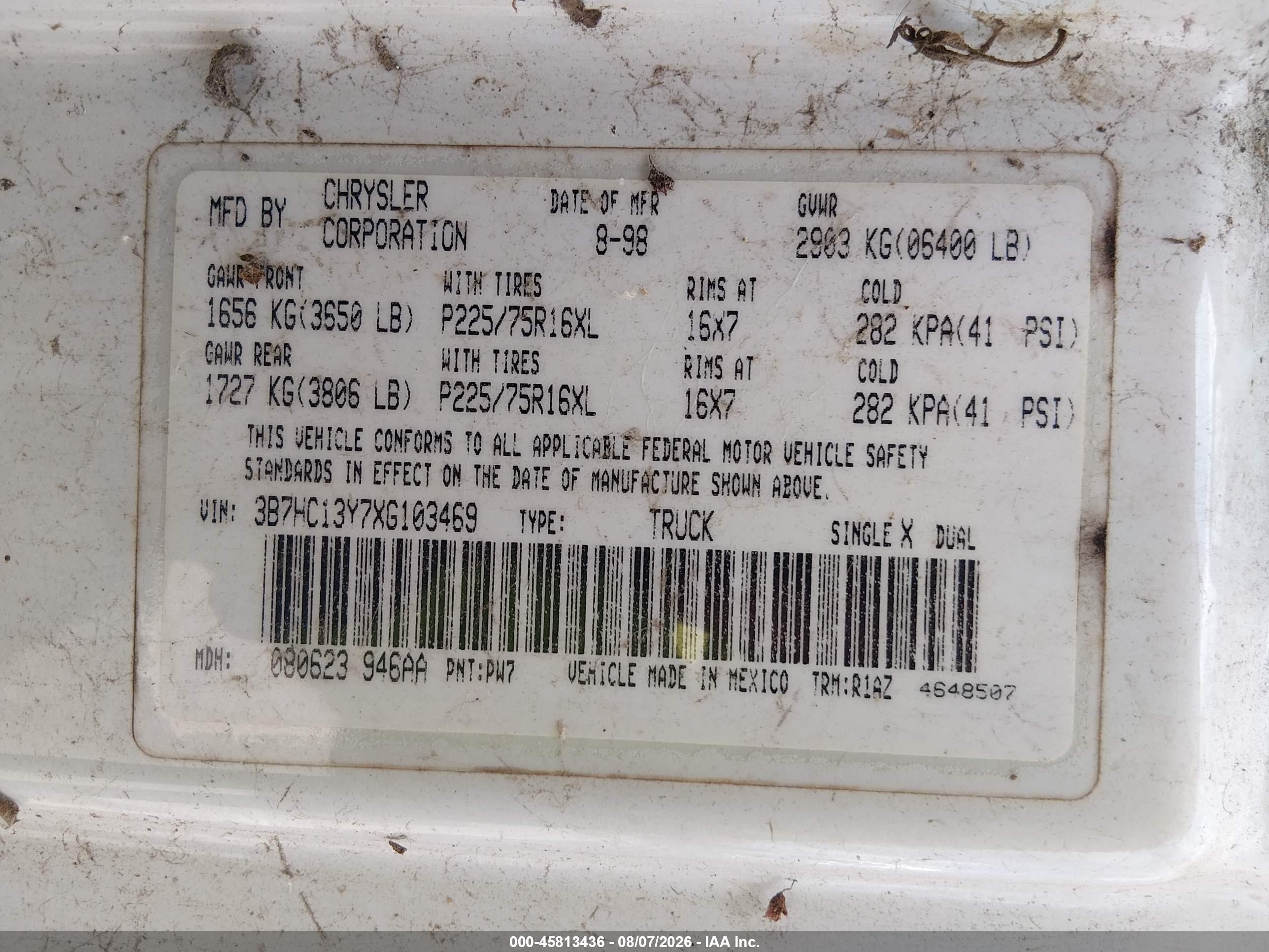 1999 Dodge Ram 1500 St White vin: 3B7HC13Y7XG103469