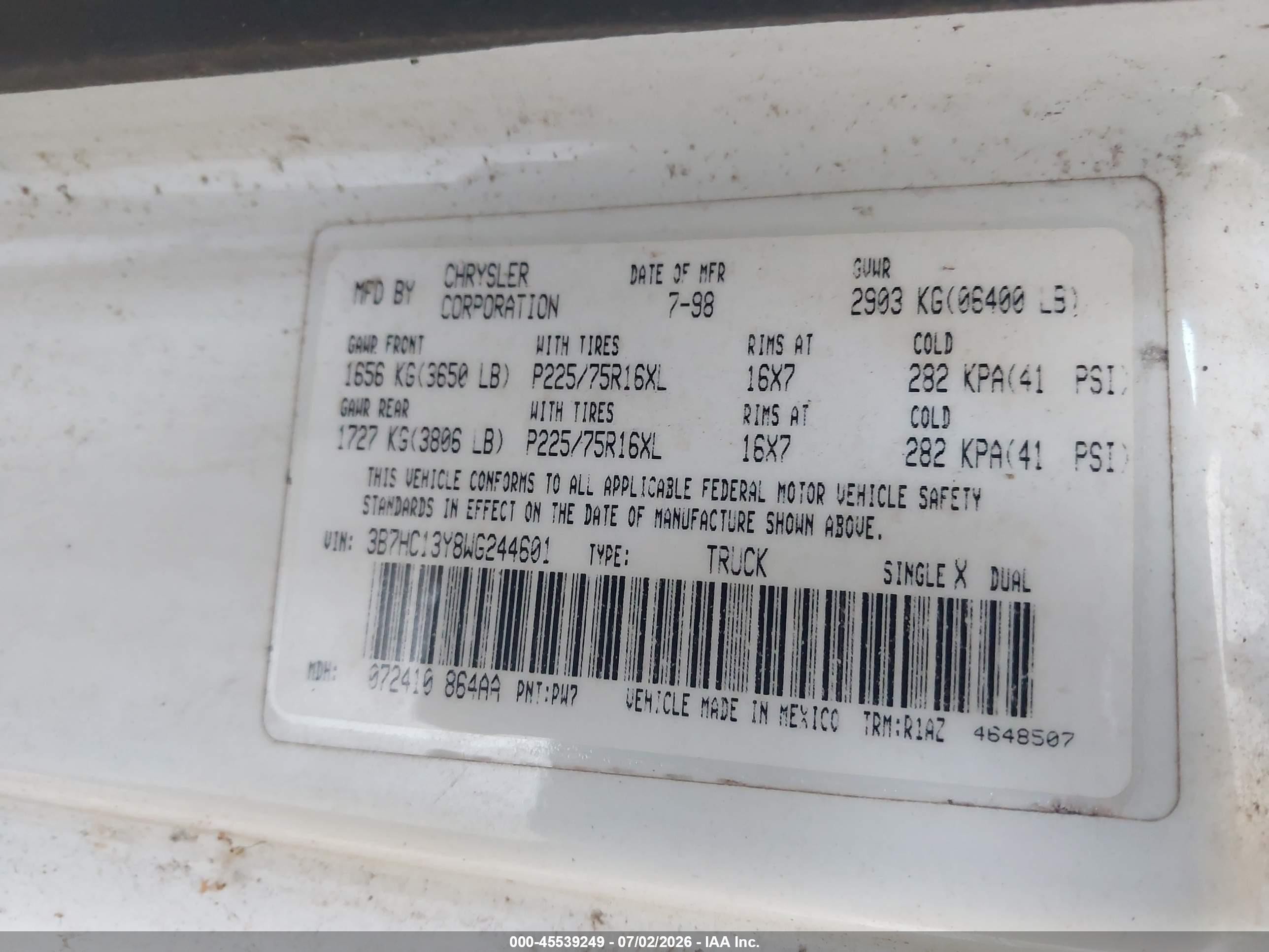 1998 Dodge Ram 1500 St White vin: 3B7HC13Y8WG244601