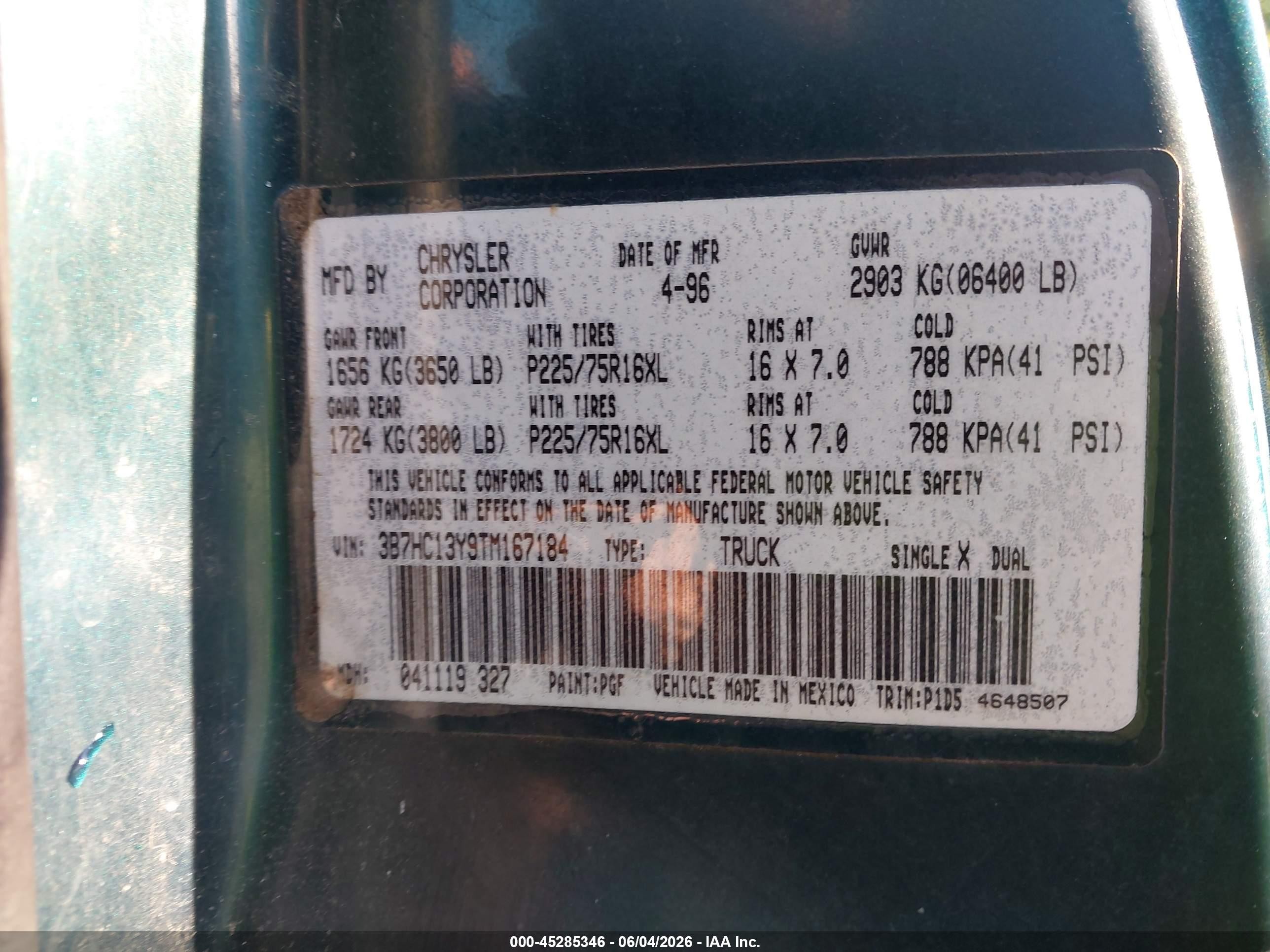 1996 Dodge Ram 1500   Green vin: 3B7HC13Y9TM167184