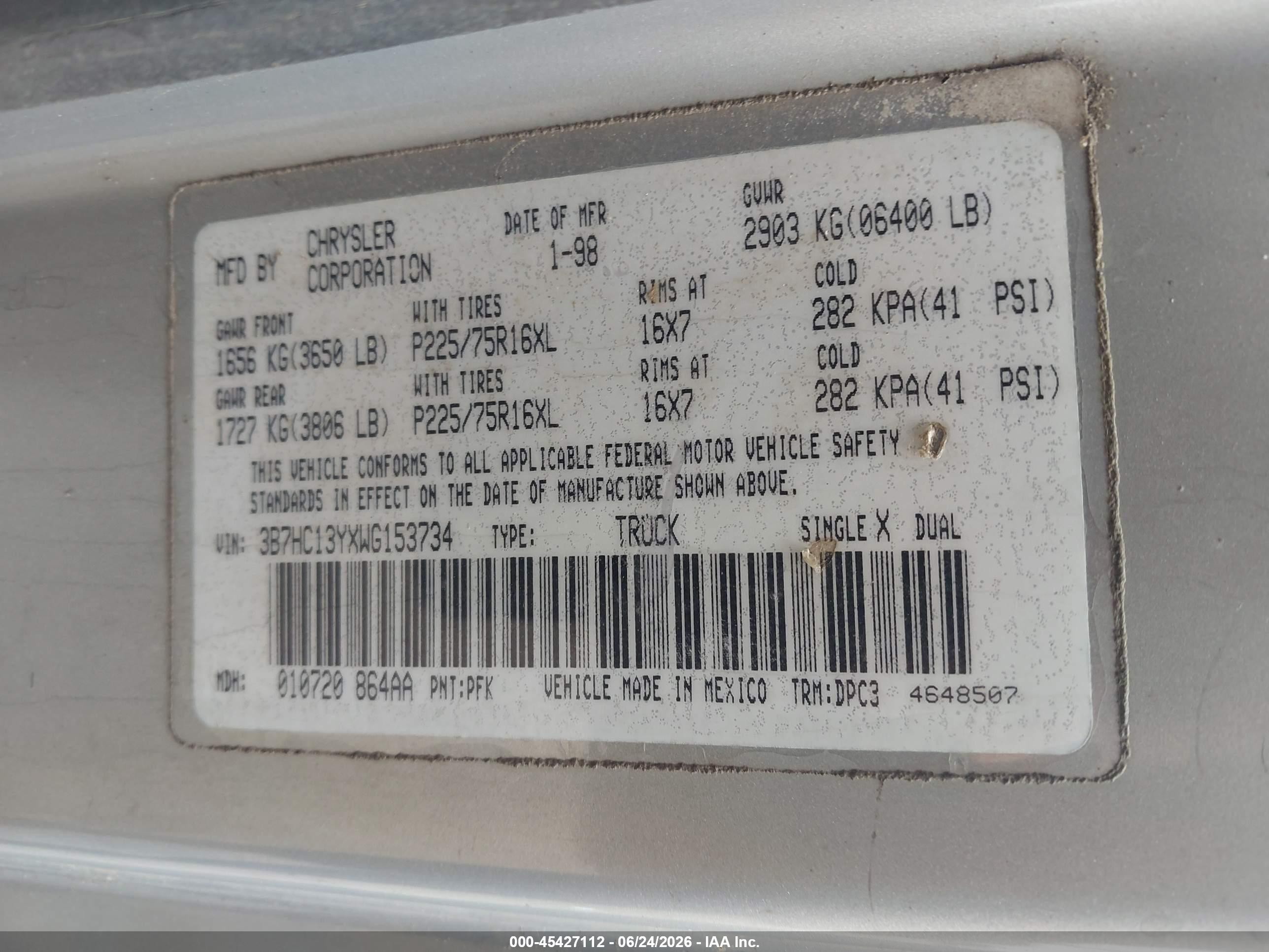 1998 Dodge Ram 1500 St Silver vin: 3B7HC13YXWG153734