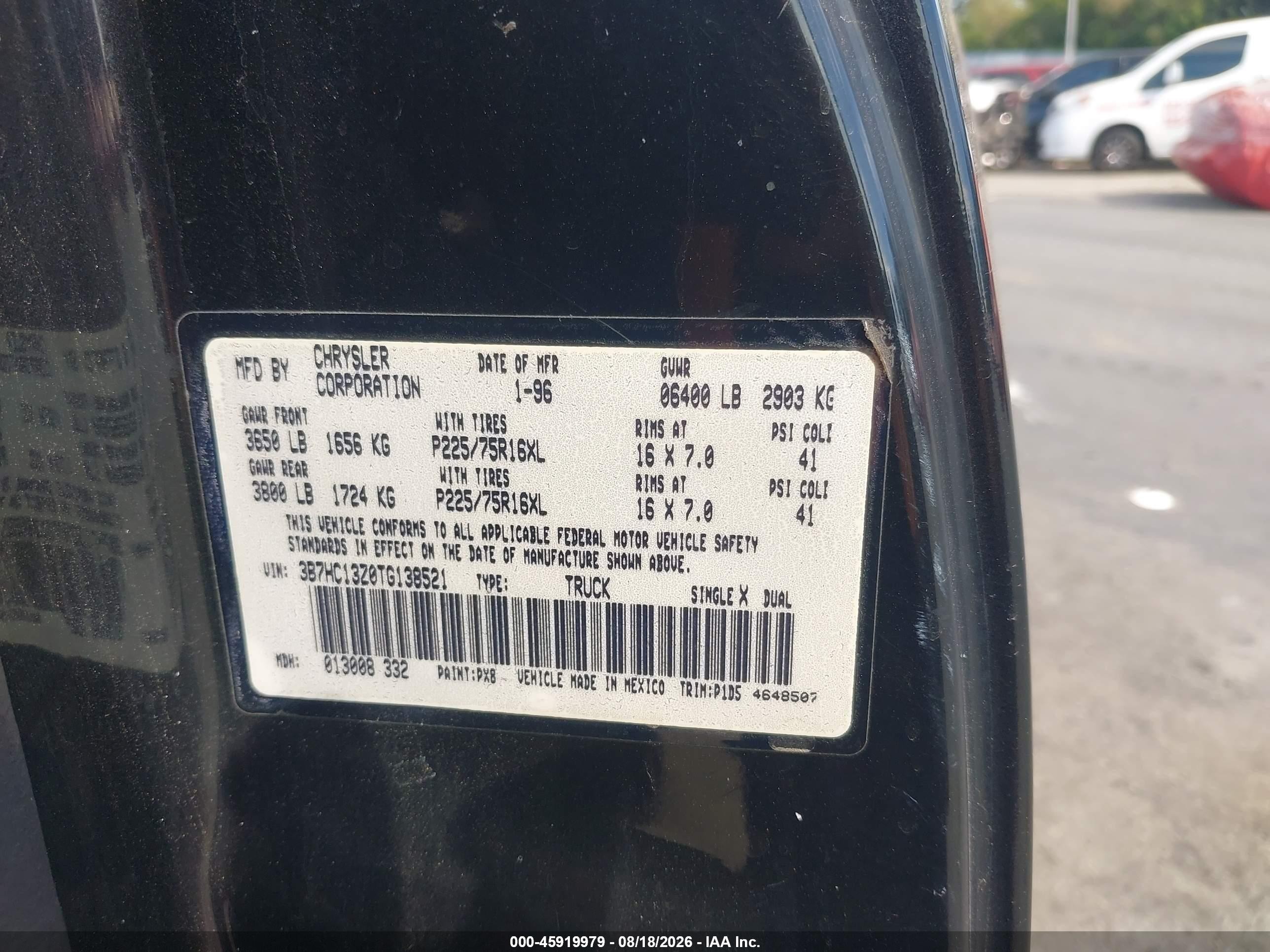 1996 Dodge Ram 1500 Black vin: 3B7HC13Z0TG138521