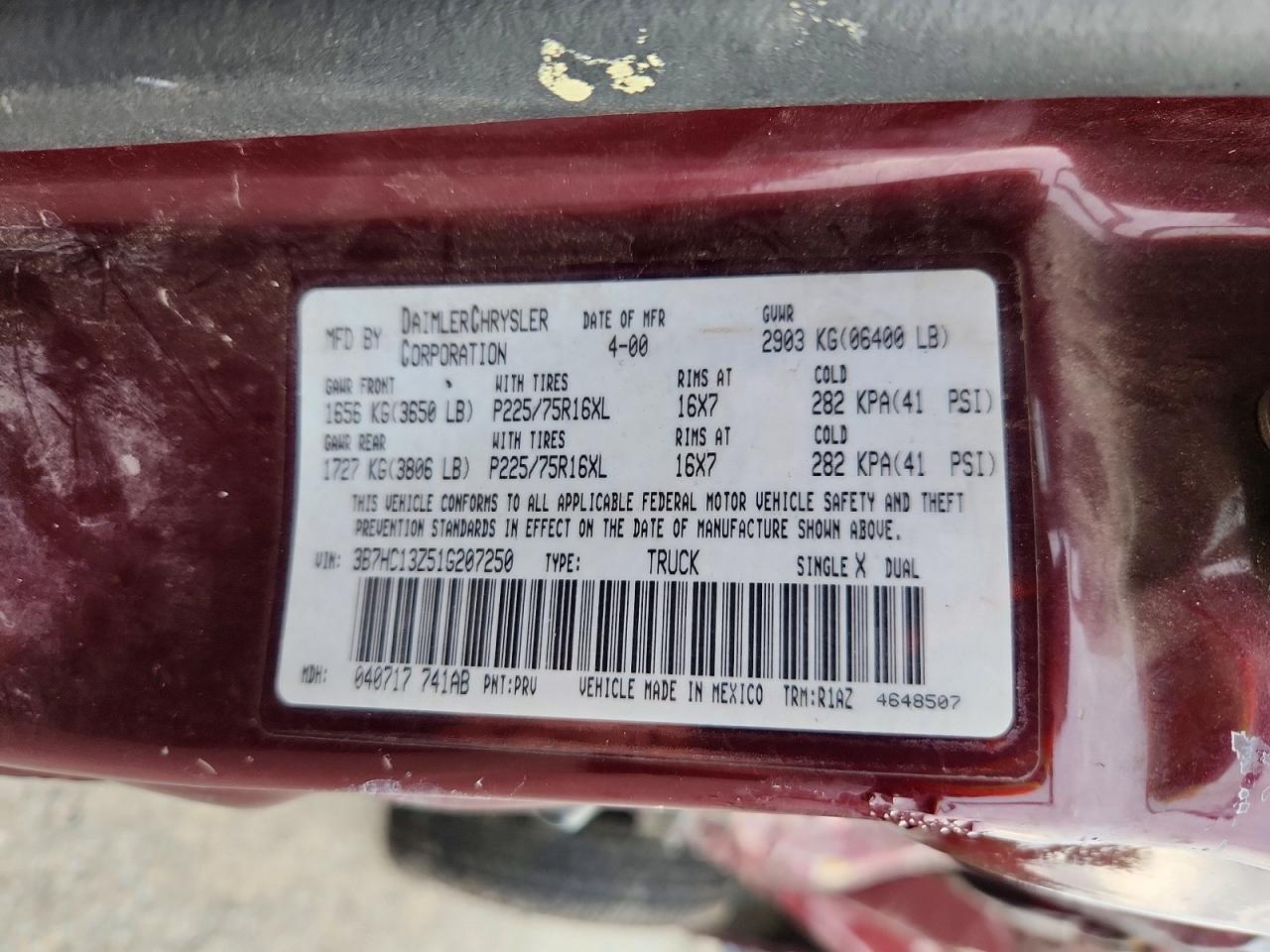 2001 Dodge Ram 1500 Burgundy vin: 3B7HC13Z51G207250