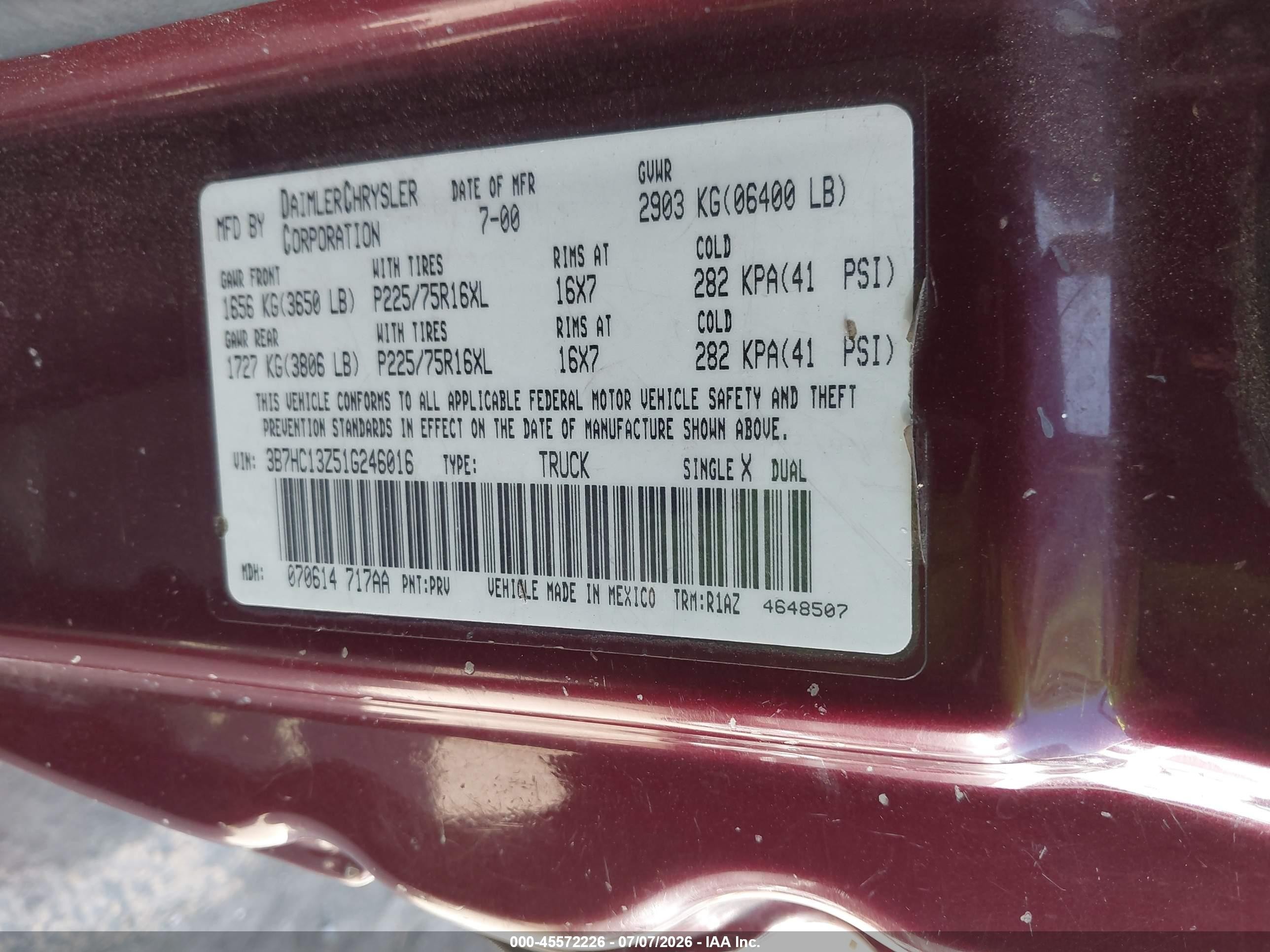 2001 Dodge Ram 1500 St Burgundy vin: 3B7HC13Z51G246016