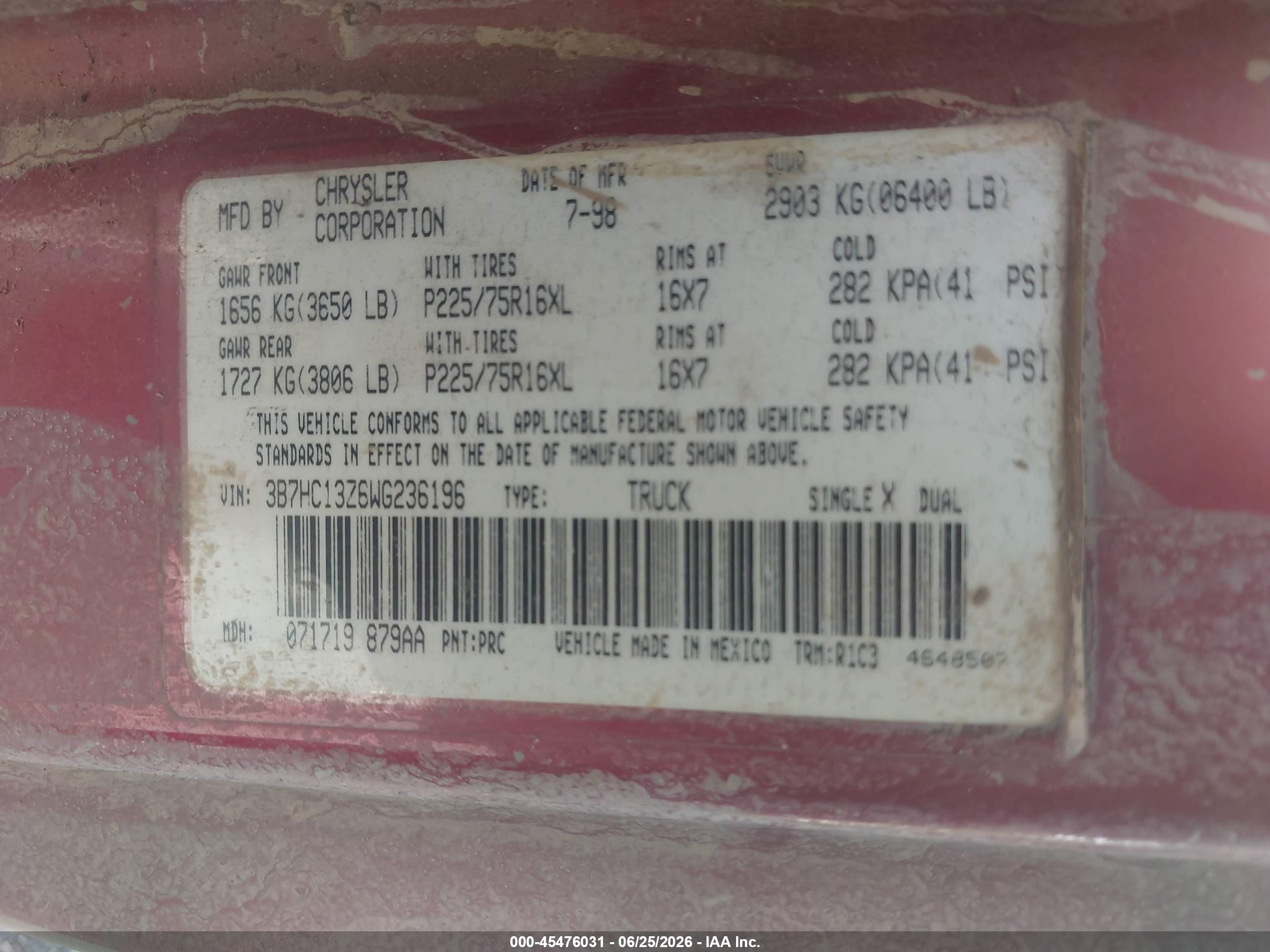 1998 Dodge Ram 1500 St Red vin: 3B7HC13Z6WG236196