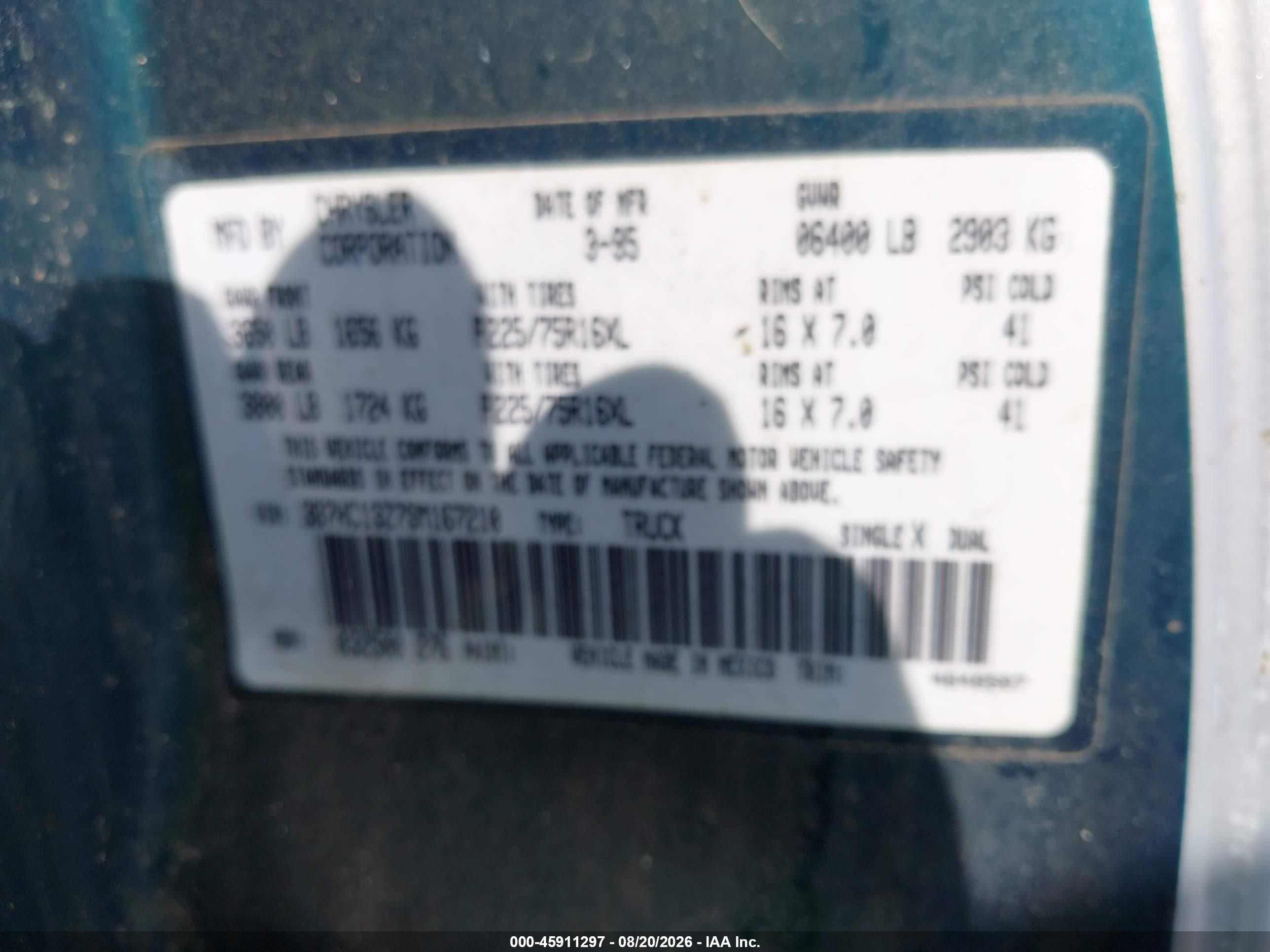 1995 Dodge Ram 1500   Blue vin: 3B7HC13Z7SM167210