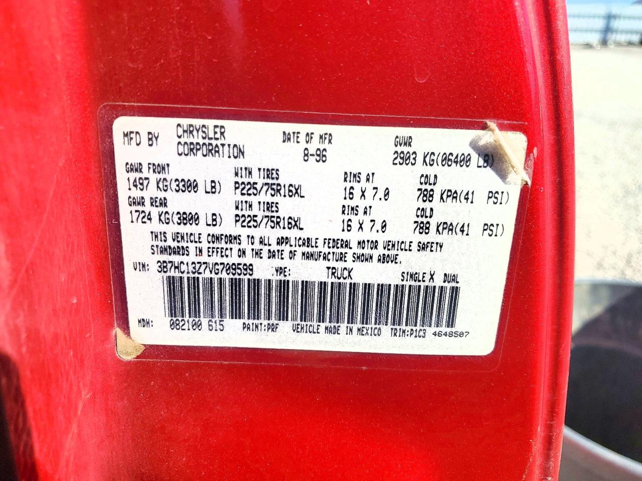 1997 Dodge Ram 1500 Red vin: 3B7HC13Z7VG709599