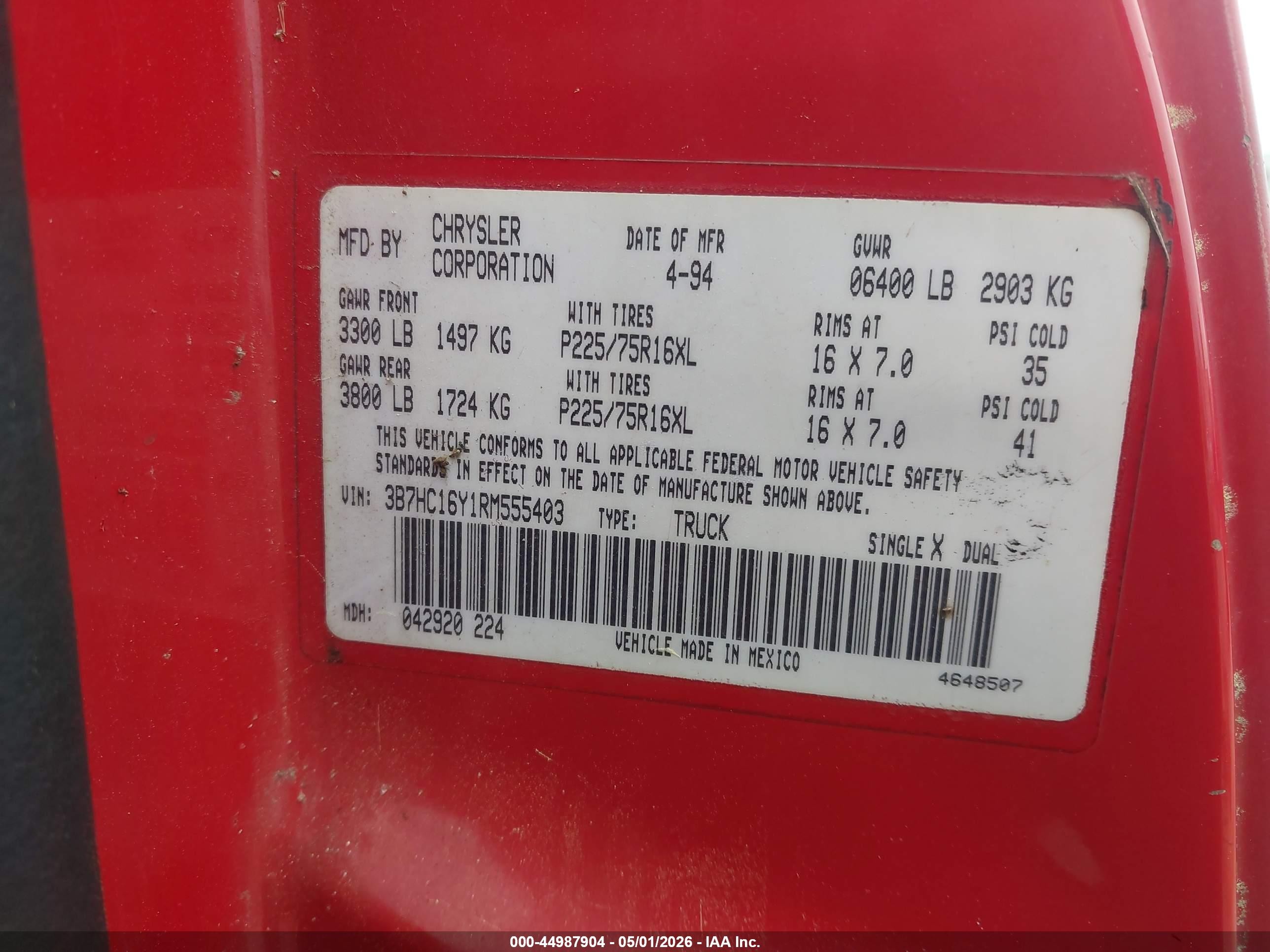 1994 Dodge Ram 1500   Red vin: 3B7HC16Y1RM555403