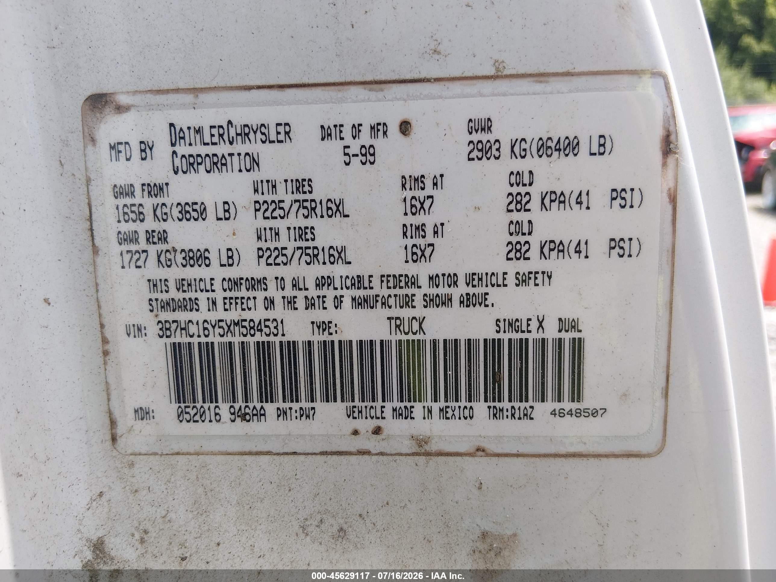 1999 Dodge Ram 1500 St White vin: 3B7HC16Y5XM584531
