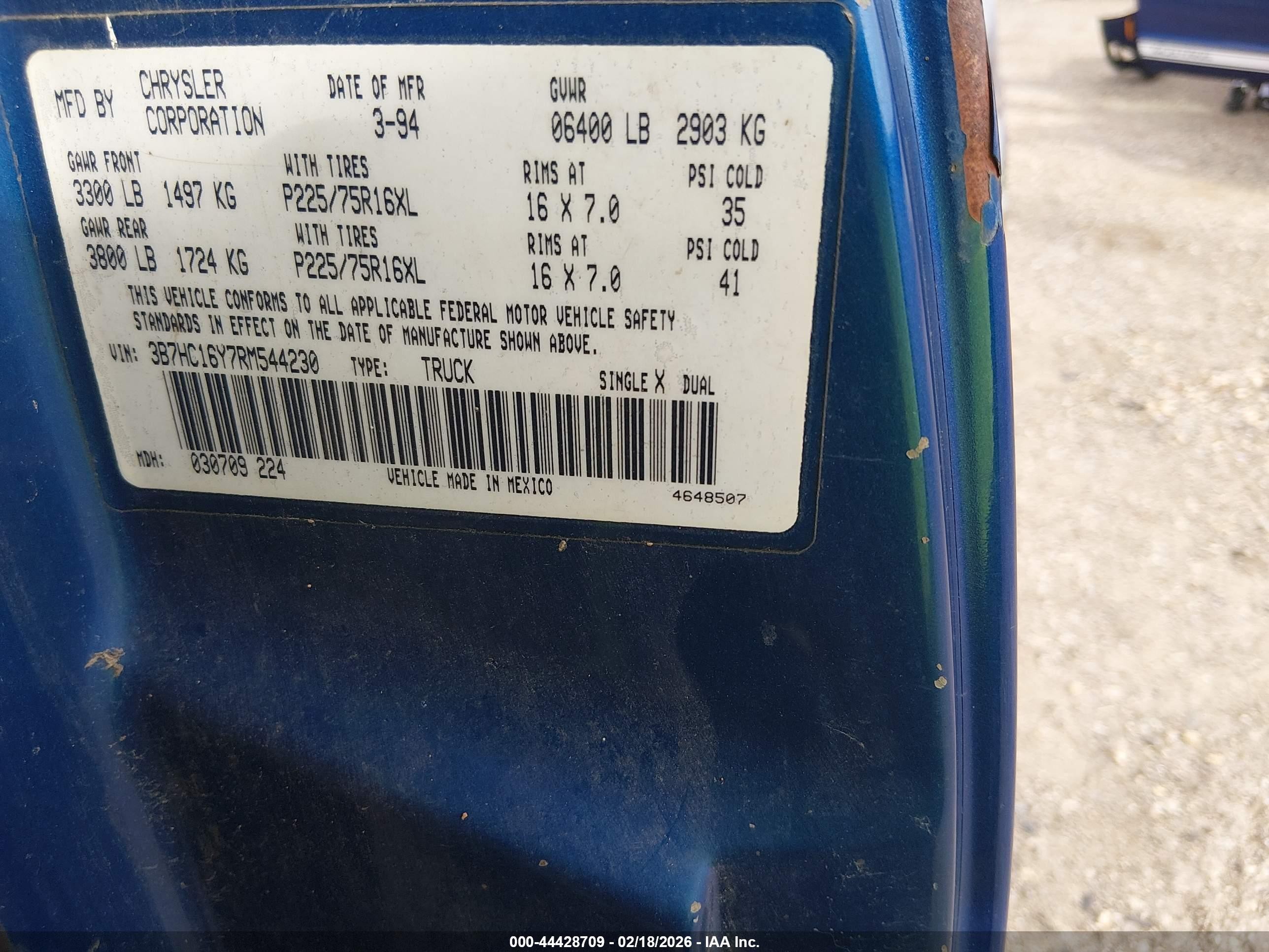 1994 Dodge Ram 1500   Blue vin: 3B7HC16Y7RM544230