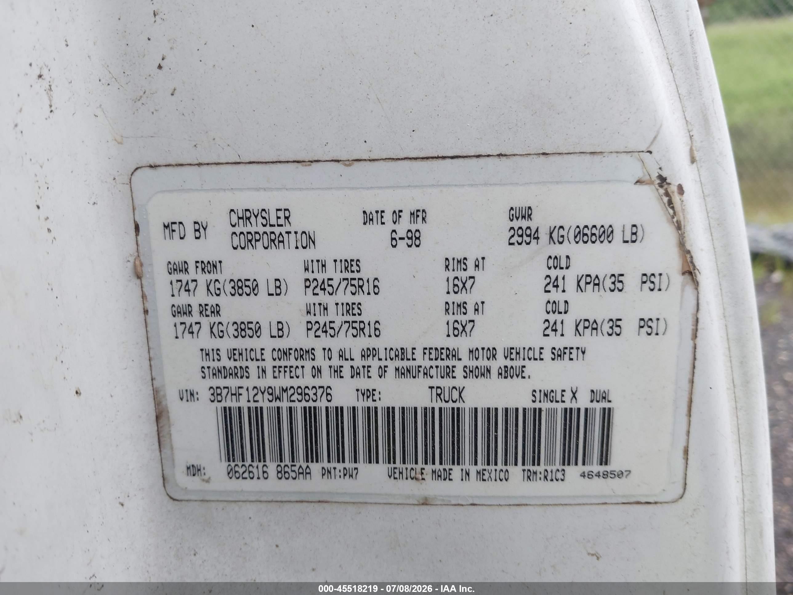 1998 Dodge Ram 1500 St White vin: 3B7HF12Y9WM296376