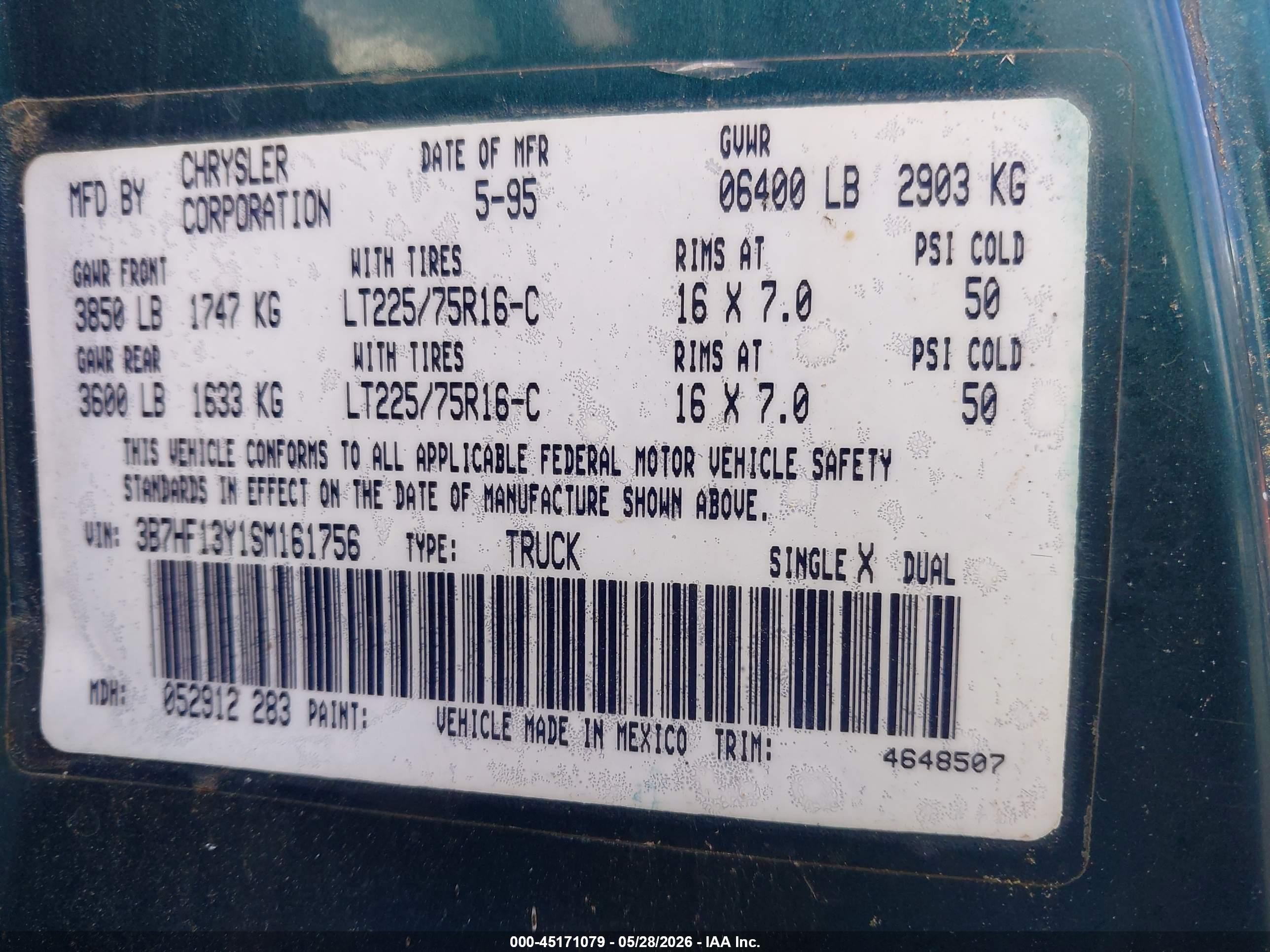 1995 Dodge Ram 1500   Green vin: 3B7HF13Y1SM161756