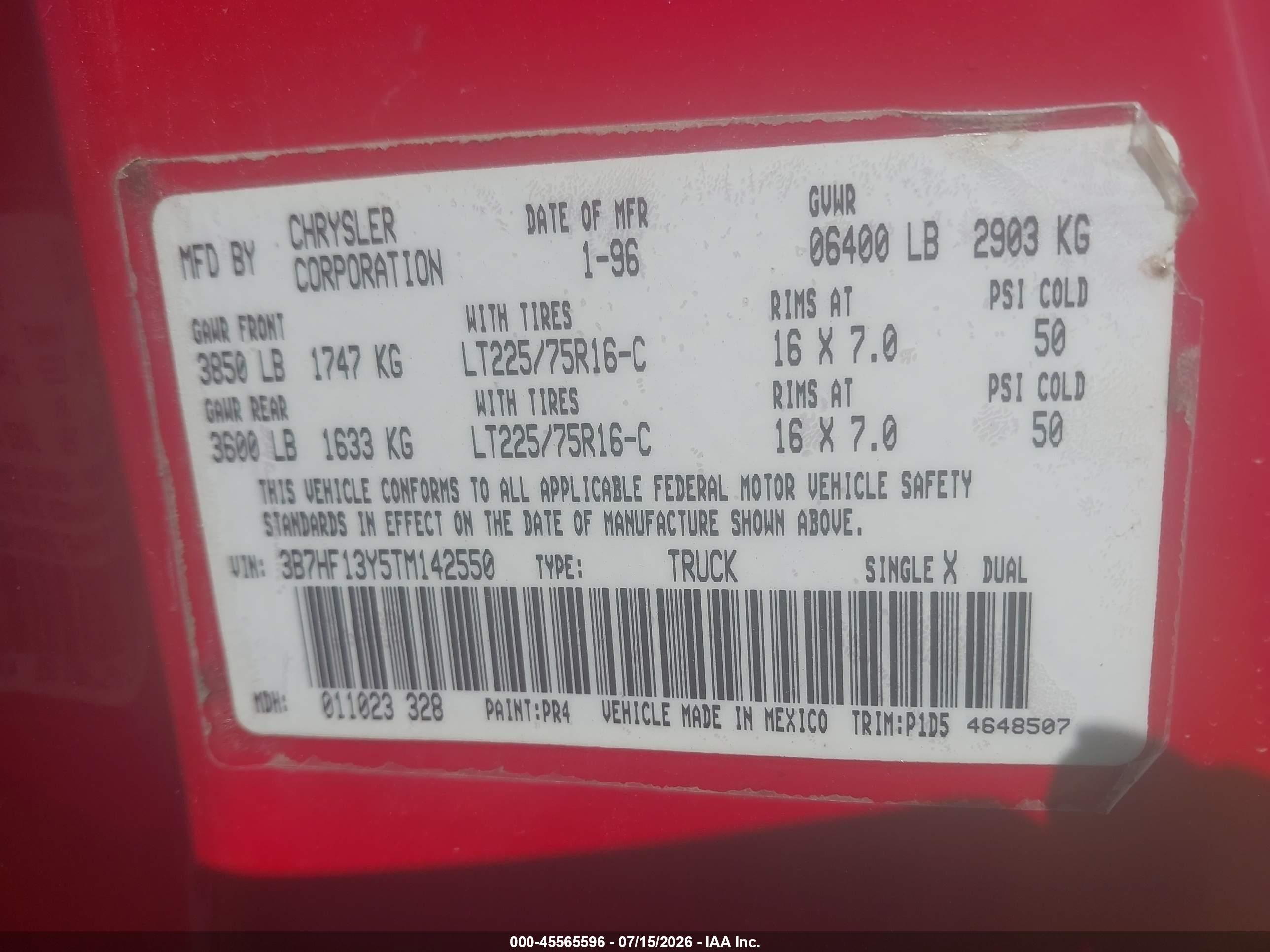 1996 Dodge Ram 1500   Red vin: 3B7HF13Y5TM142550