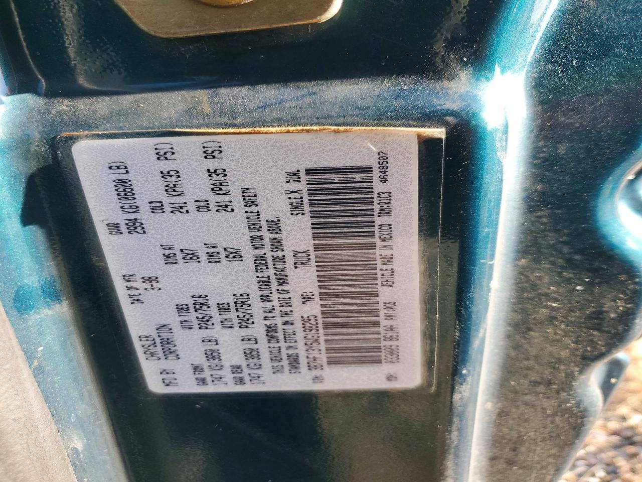 1998 Dodge Ram 1500 Green vin: 3B7HF13Y5WG198295