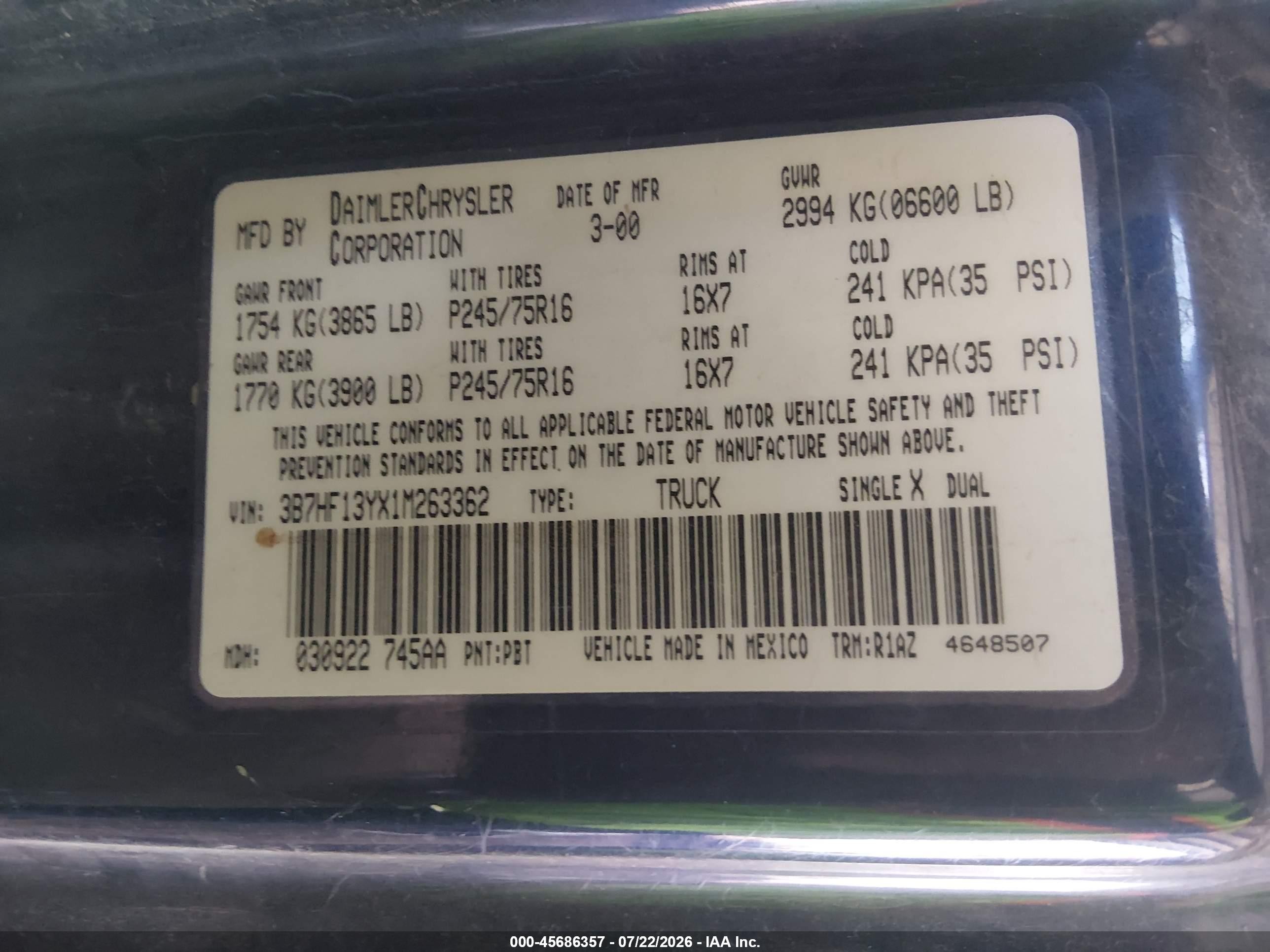 2001 Dodge Ram 1500 St Blue vin: 3B7HF13YX1M263362