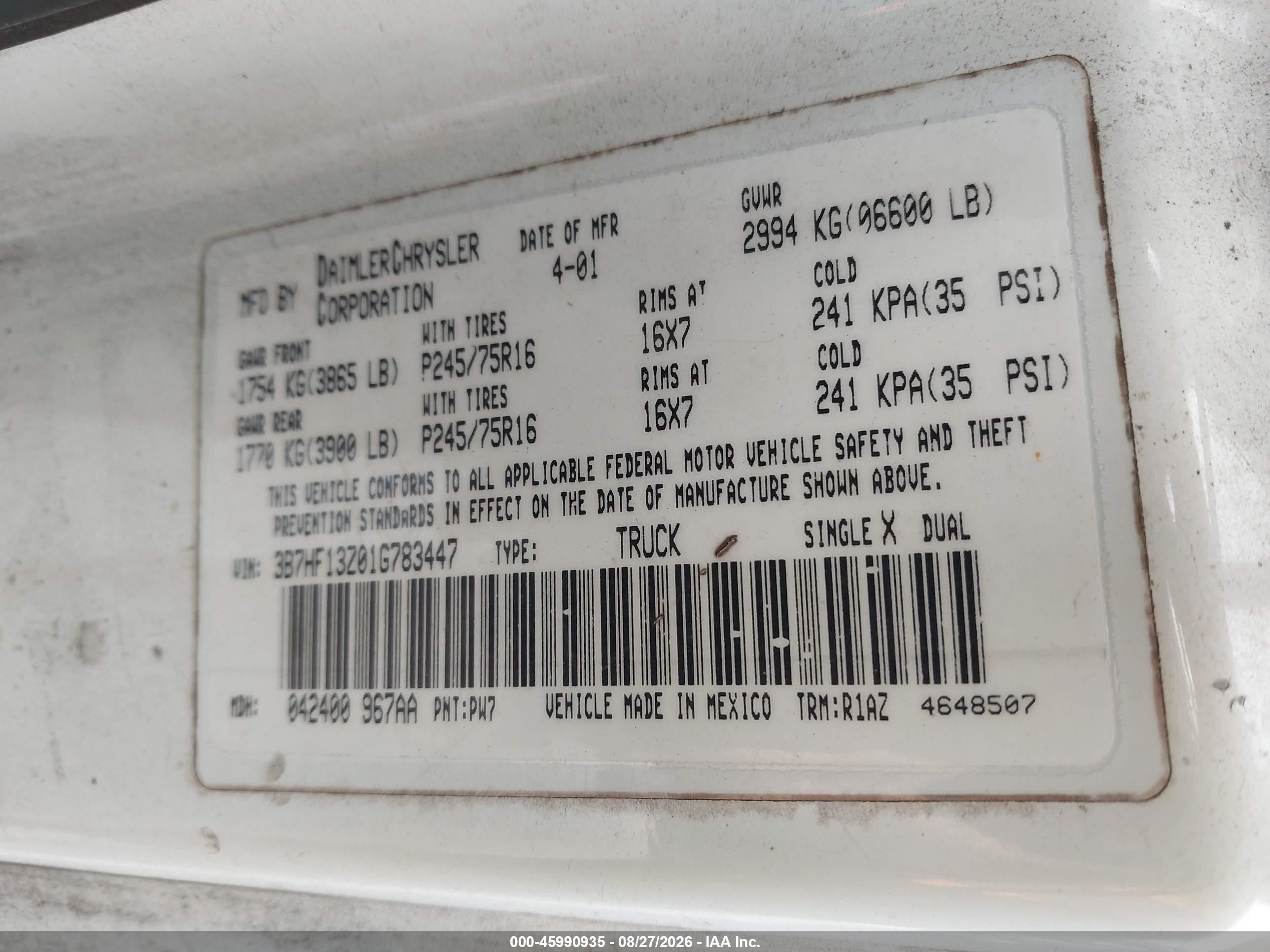 2001 Dodge Ram 1500 St White vin: 3B7HF13Z01G783447