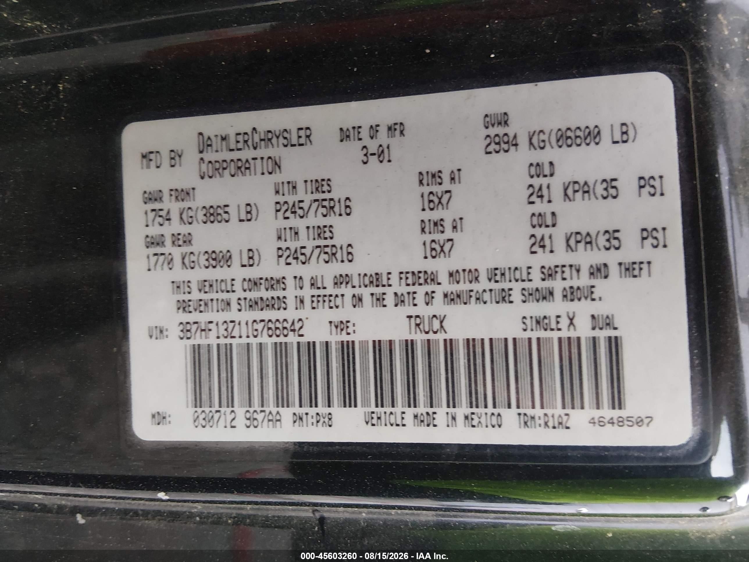 2001 Dodge Ram 1500 St Black vin: 3B7HF13Z11G766642