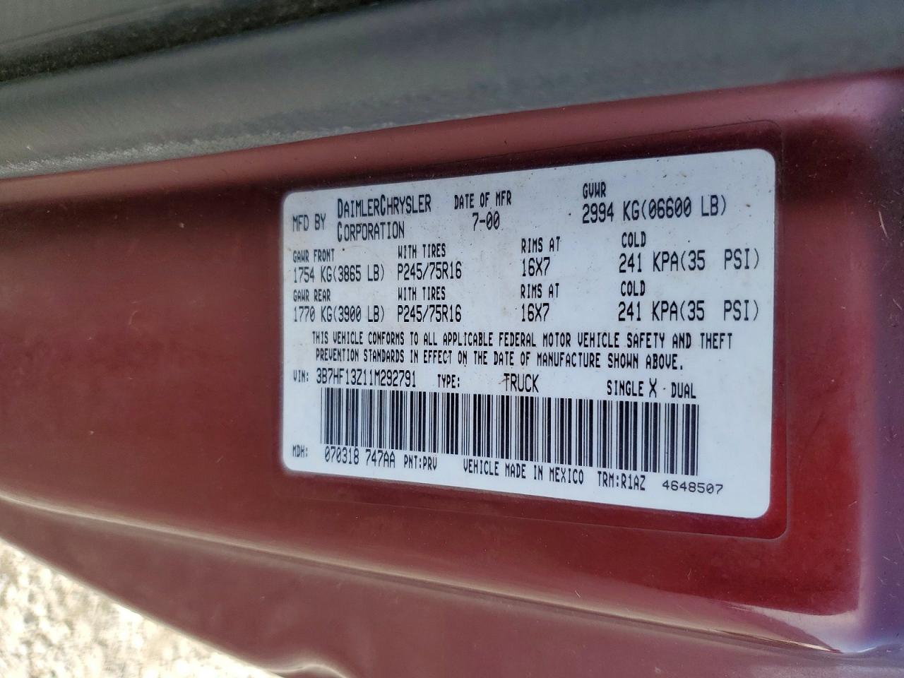 2001 Dodge Ram 1500 Maroon vin: 3B7HF13Z11M292791