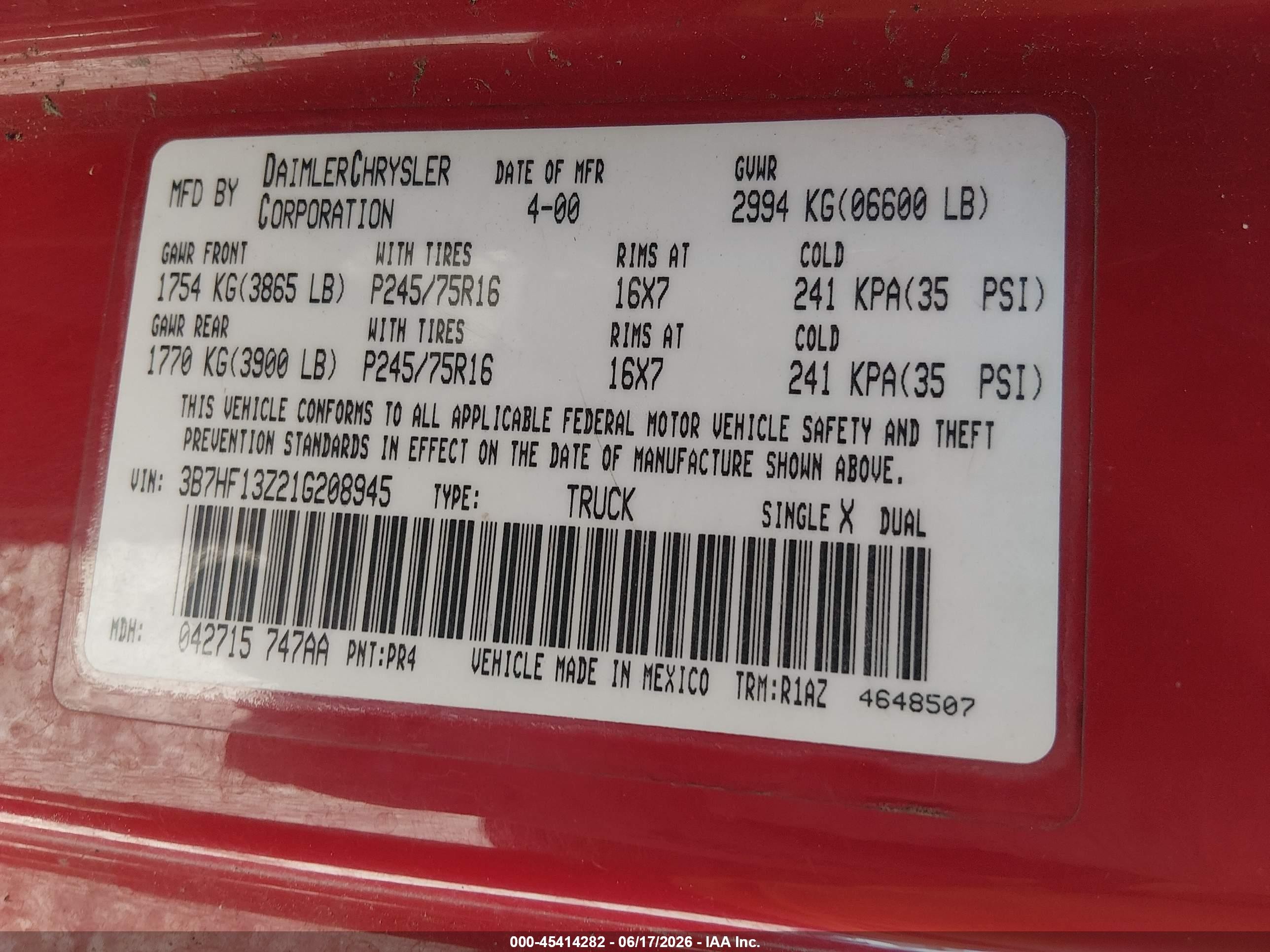 2001 Dodge Ram 1500 St Red vin: 3B7HF13Z21G208945