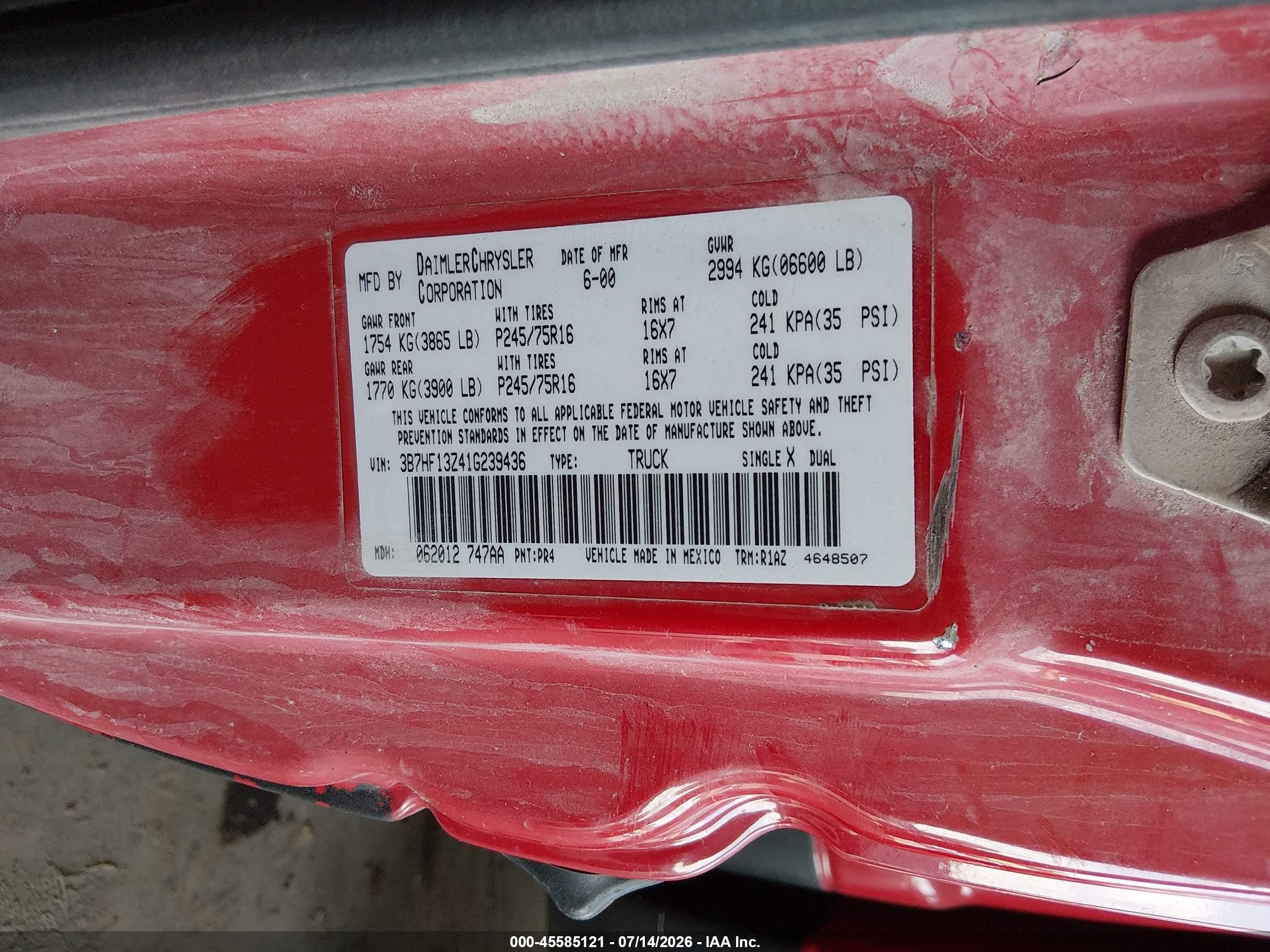 2001 Dodge Ram 1500 St Red vin: 3B7HF13Z41G239436