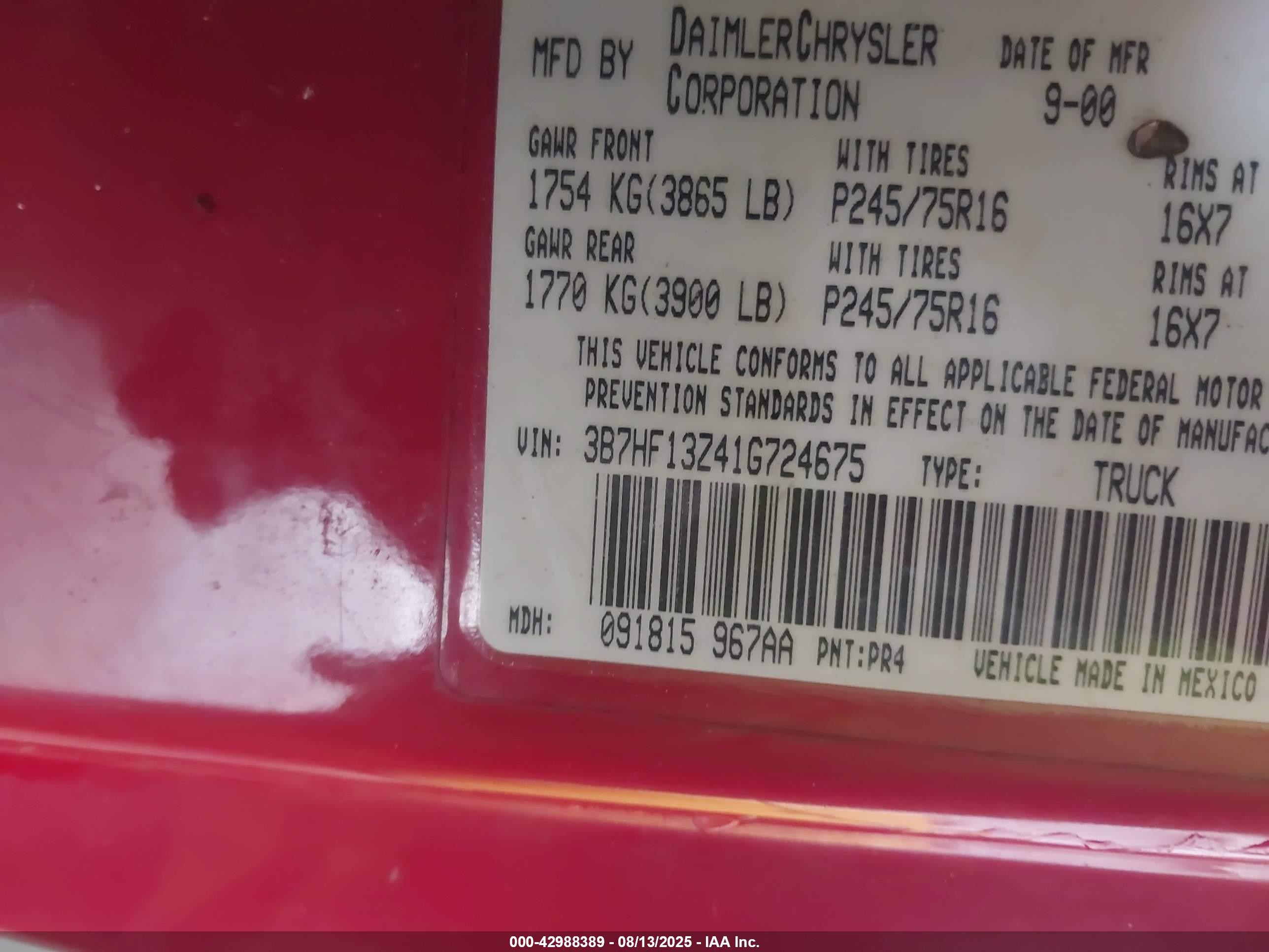 2001 Dodge Ram 1500 St Red vin: 3B7HF13Z41G724675