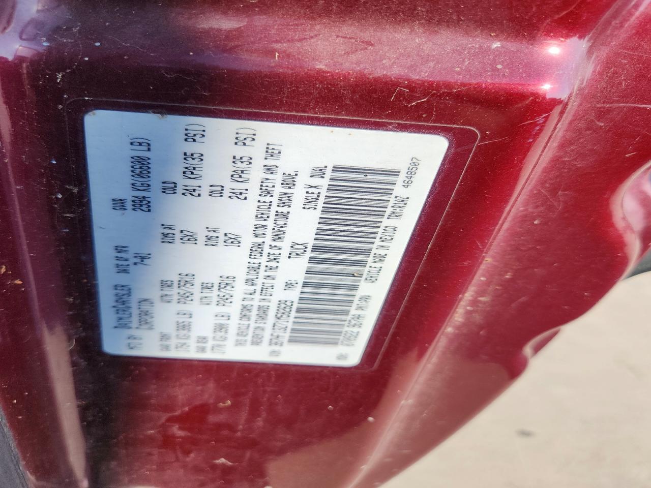2001 Dodge Ram 1500 Burgundy vin: 3B7HF13Z71M582629