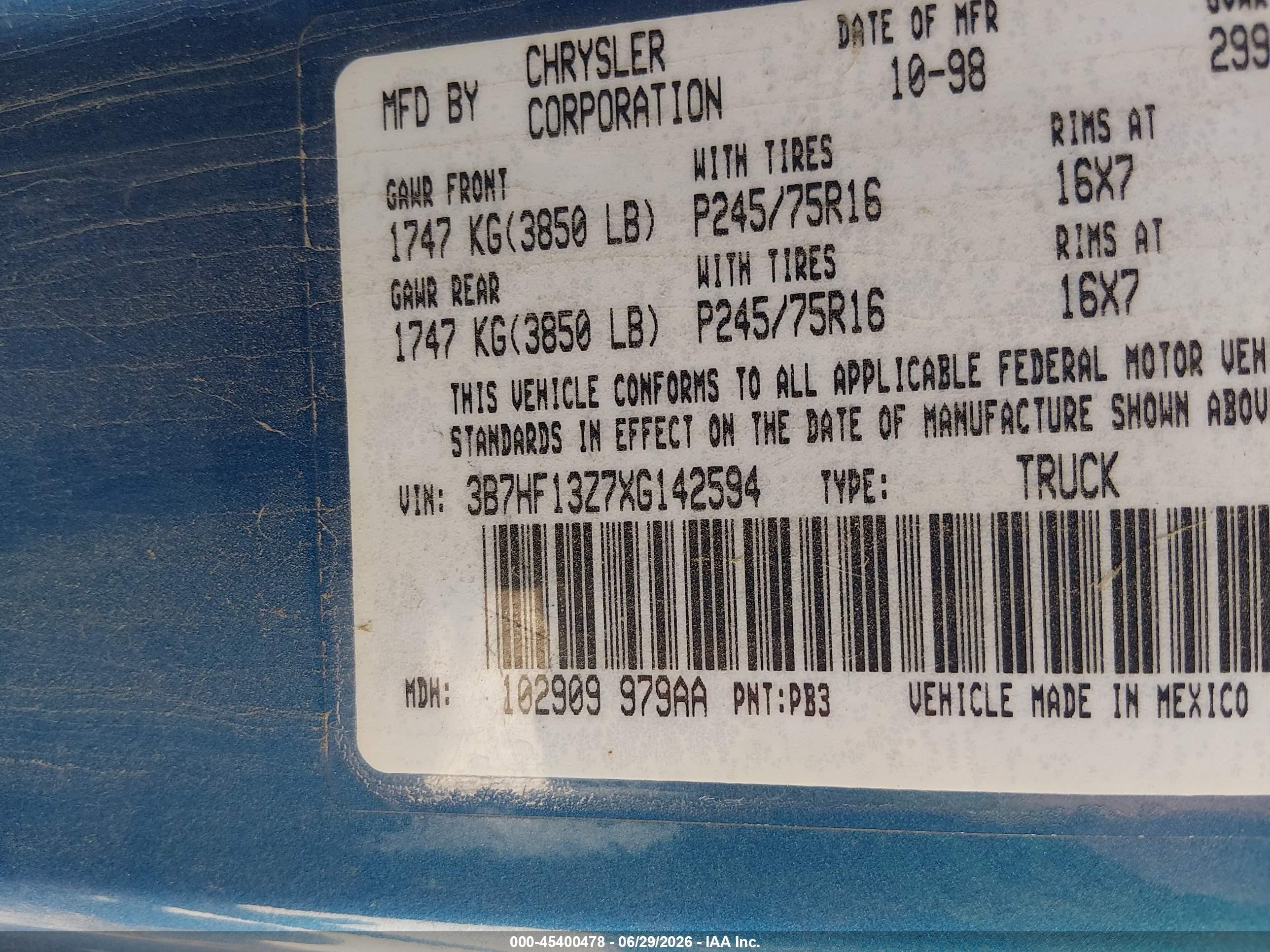 1999 Dodge Ram 1500 St Blue vin: 3B7HF13Z7XG142594