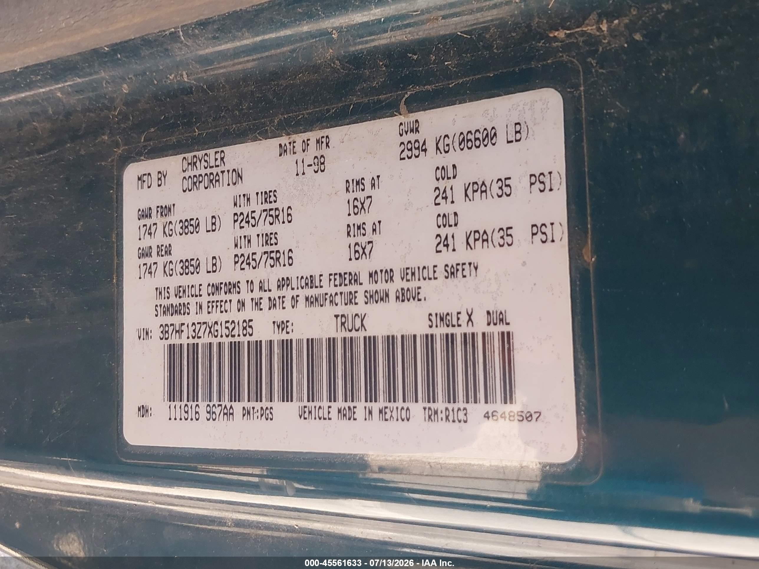 1999 Dodge Ram 1500 St Green vin: 3B7HF13Z7XG152185