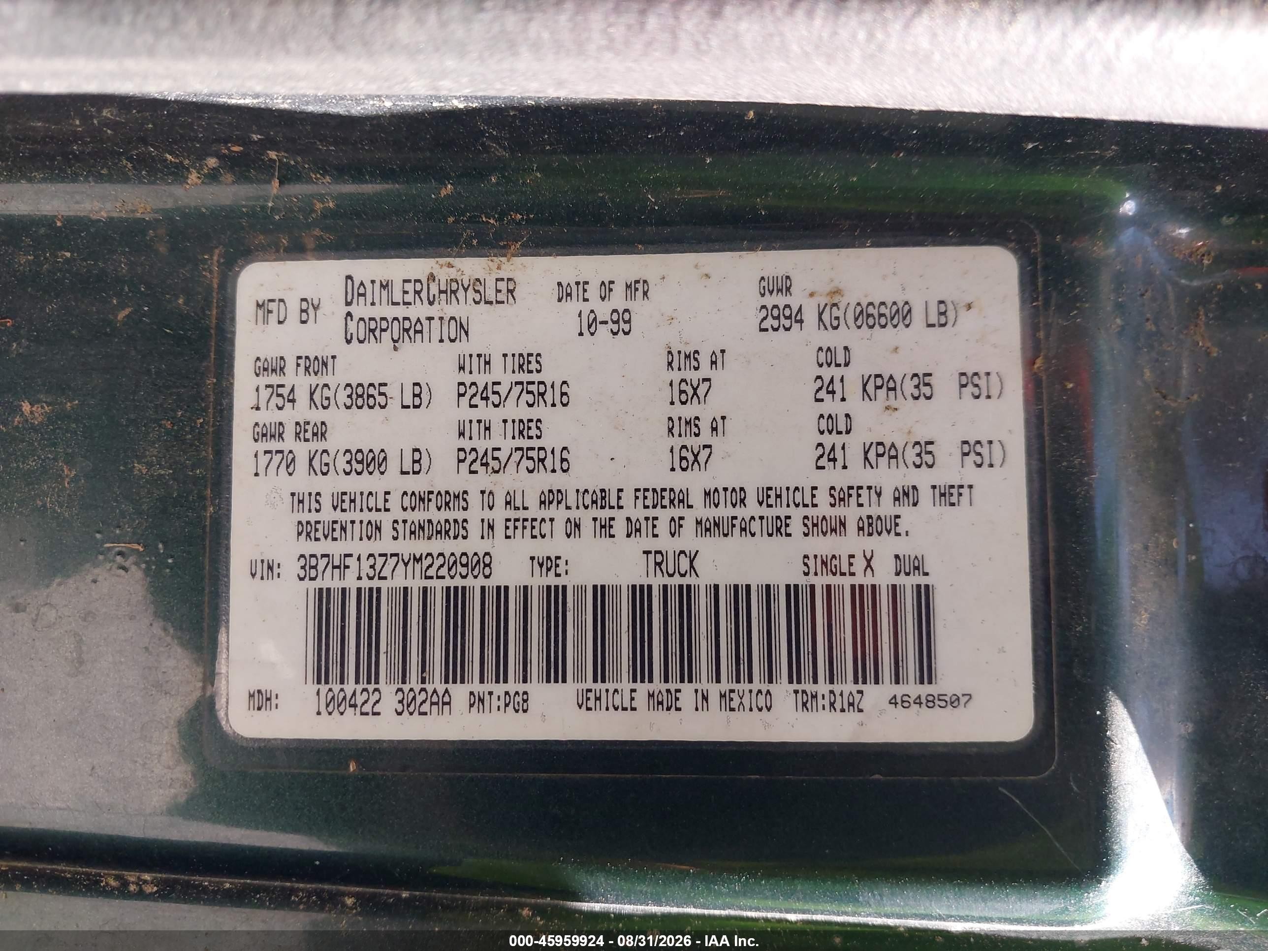 2000 Dodge Ram 1500 St Green vin: 3B7HF13Z7YM220908