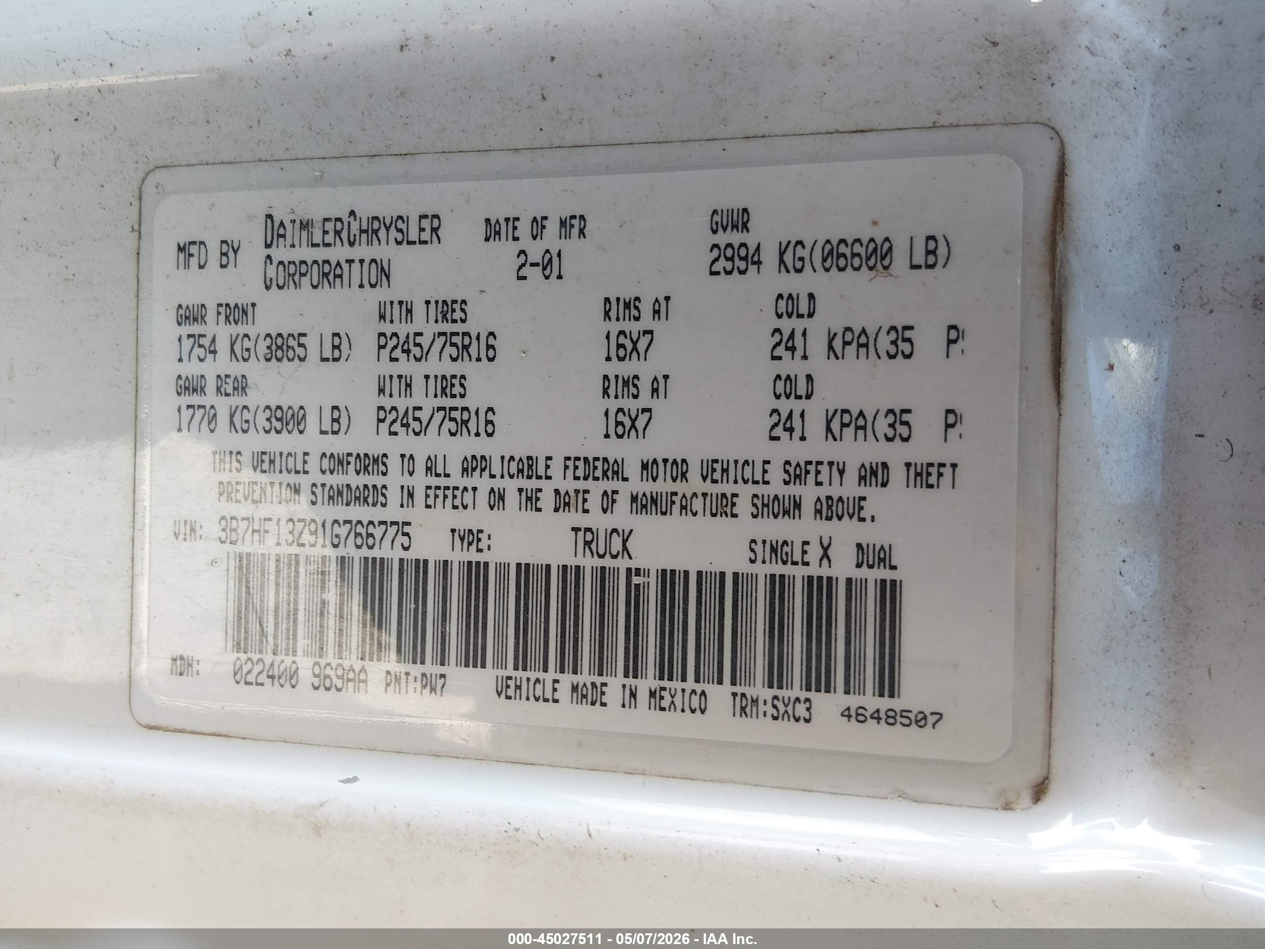 2001 Dodge Ram 1500 St White vin: 3B7HF13Z91G766775