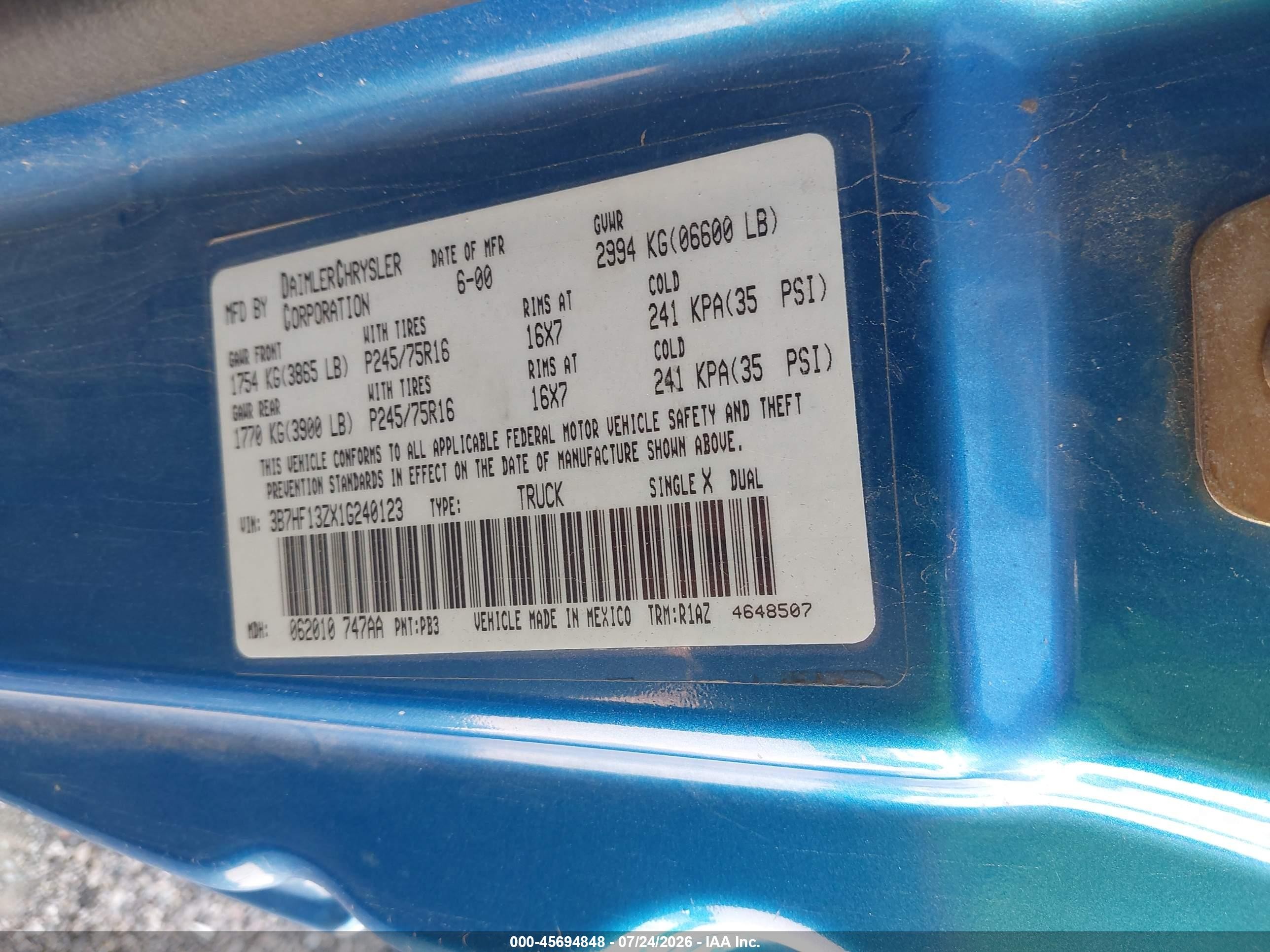 2001 Dodge Ram 1500 St Blue vin: 3B7HF13ZX1G240123