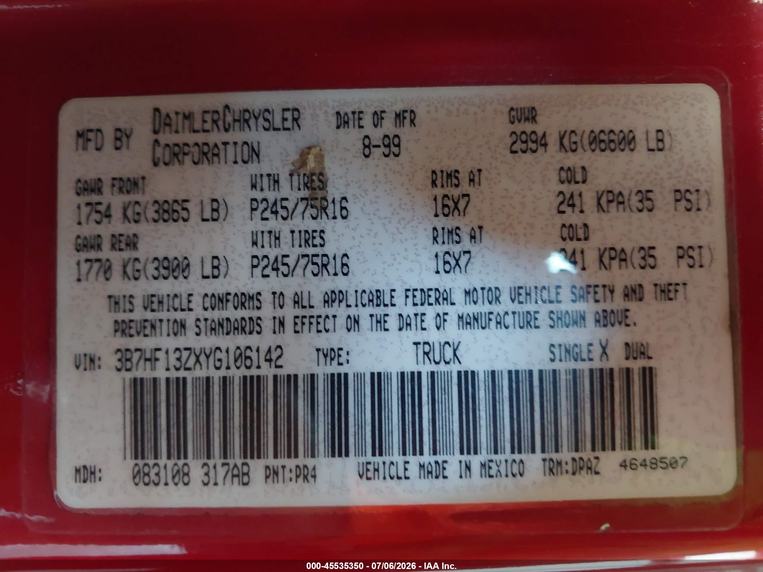 2000 Dodge Ram 1500 St Red vin: 3B7HF13ZXYG106142