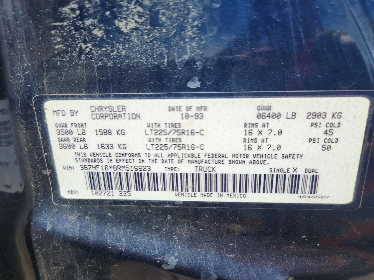 1994 Dodge Ram 1500 Blue vin: 3B7HF16Y8RM516623