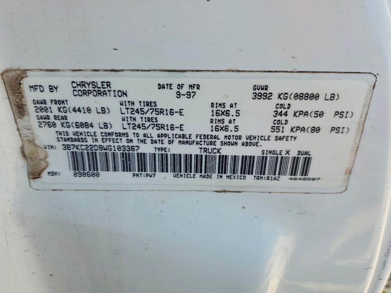 1998 Dodge Ram 2500 White vin: 3B7KC22D9WG103367