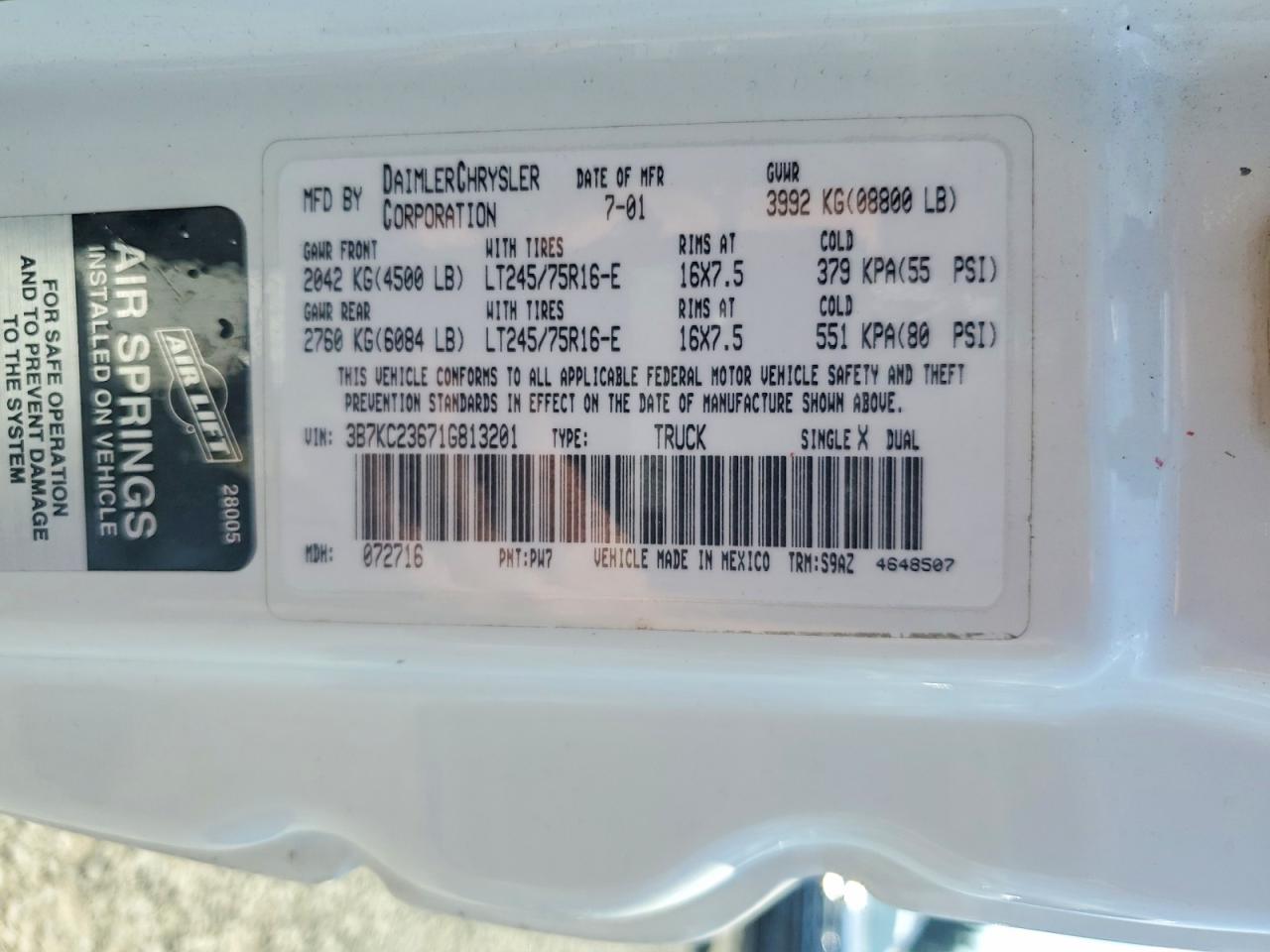 2001 Dodge Ram 2500 White vin: 3B7KC23671G813201